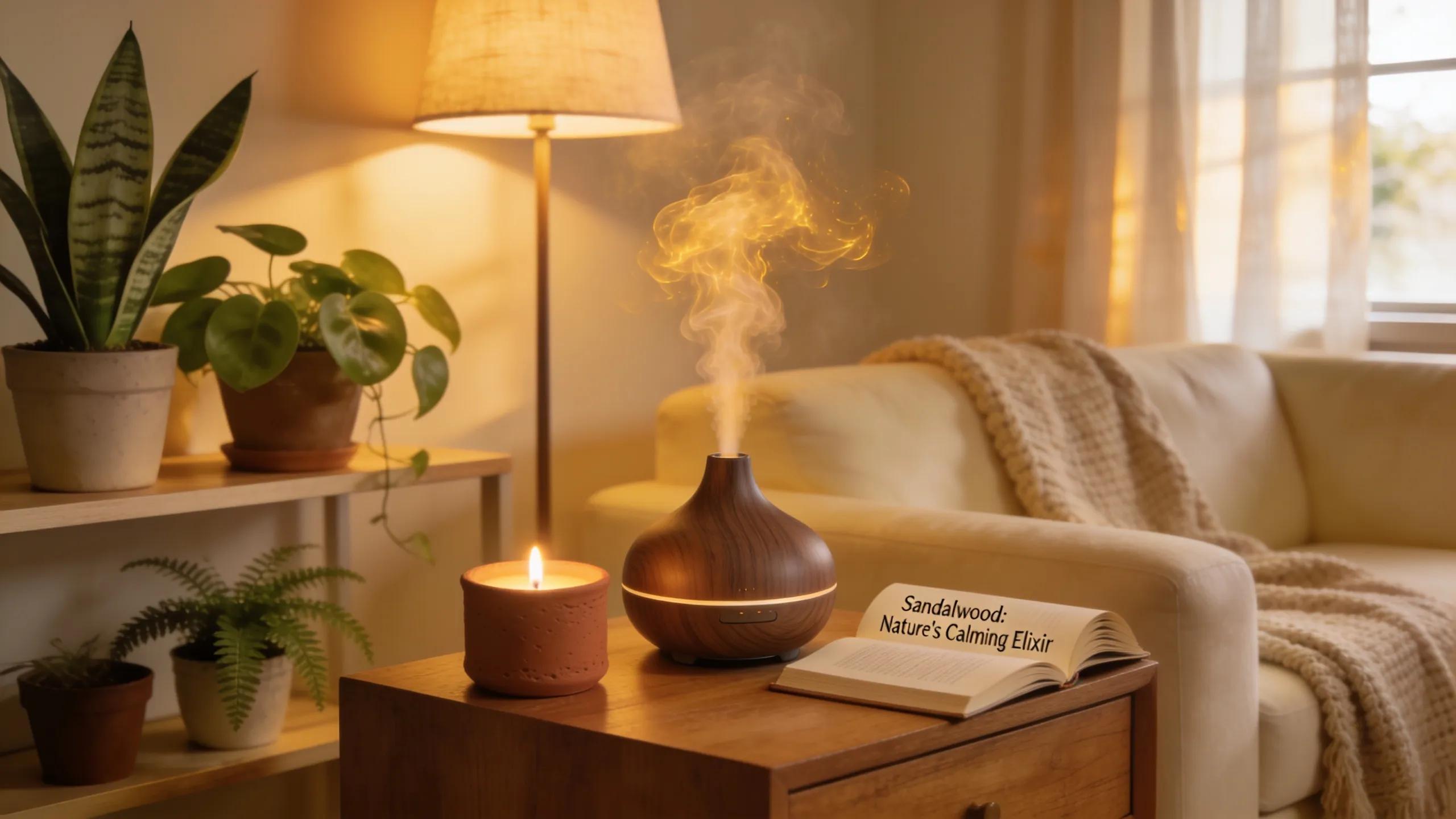 Aromatherapy diffuser with sandalwood oil creating a cozy atmosphere for relaxation and wellness