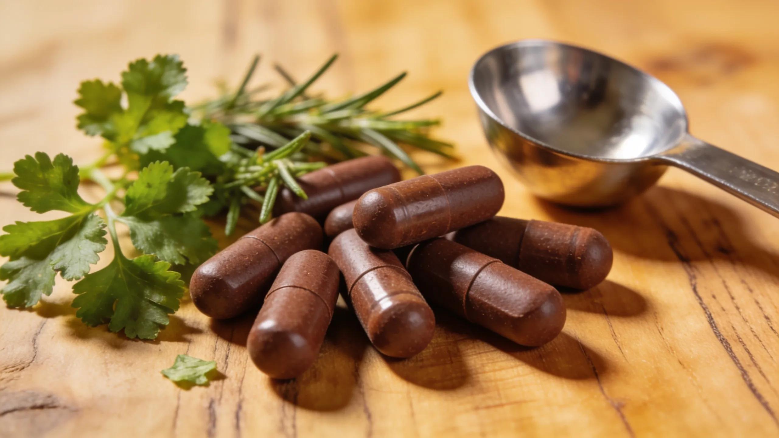Organic beef liver capsules with fresh herbs on a wooden surface, representing health benefits