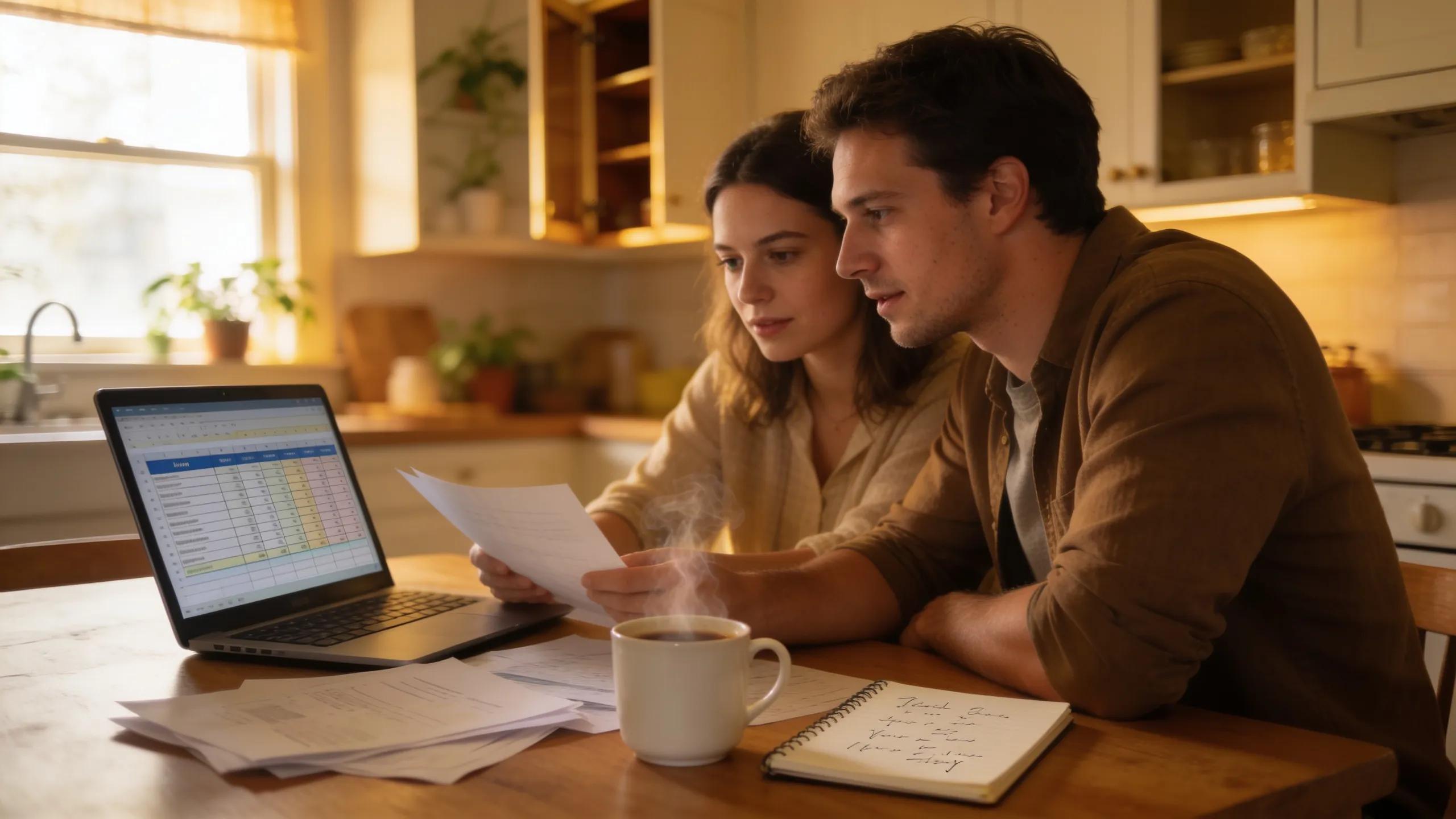Young couple reviewing home buying budget in a cozy kitchen setting