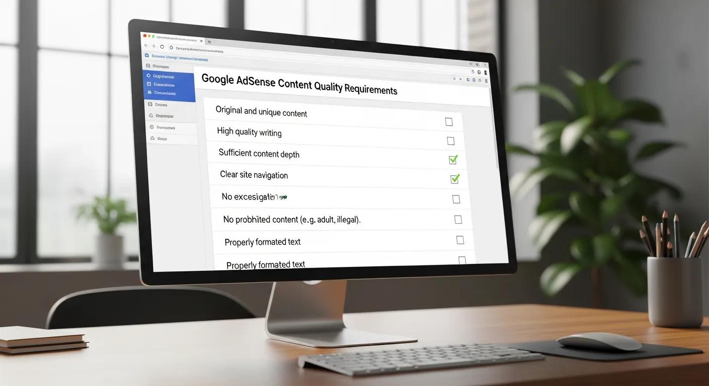Checklist of content quality requirements for Google AdSense approval on a computer screen