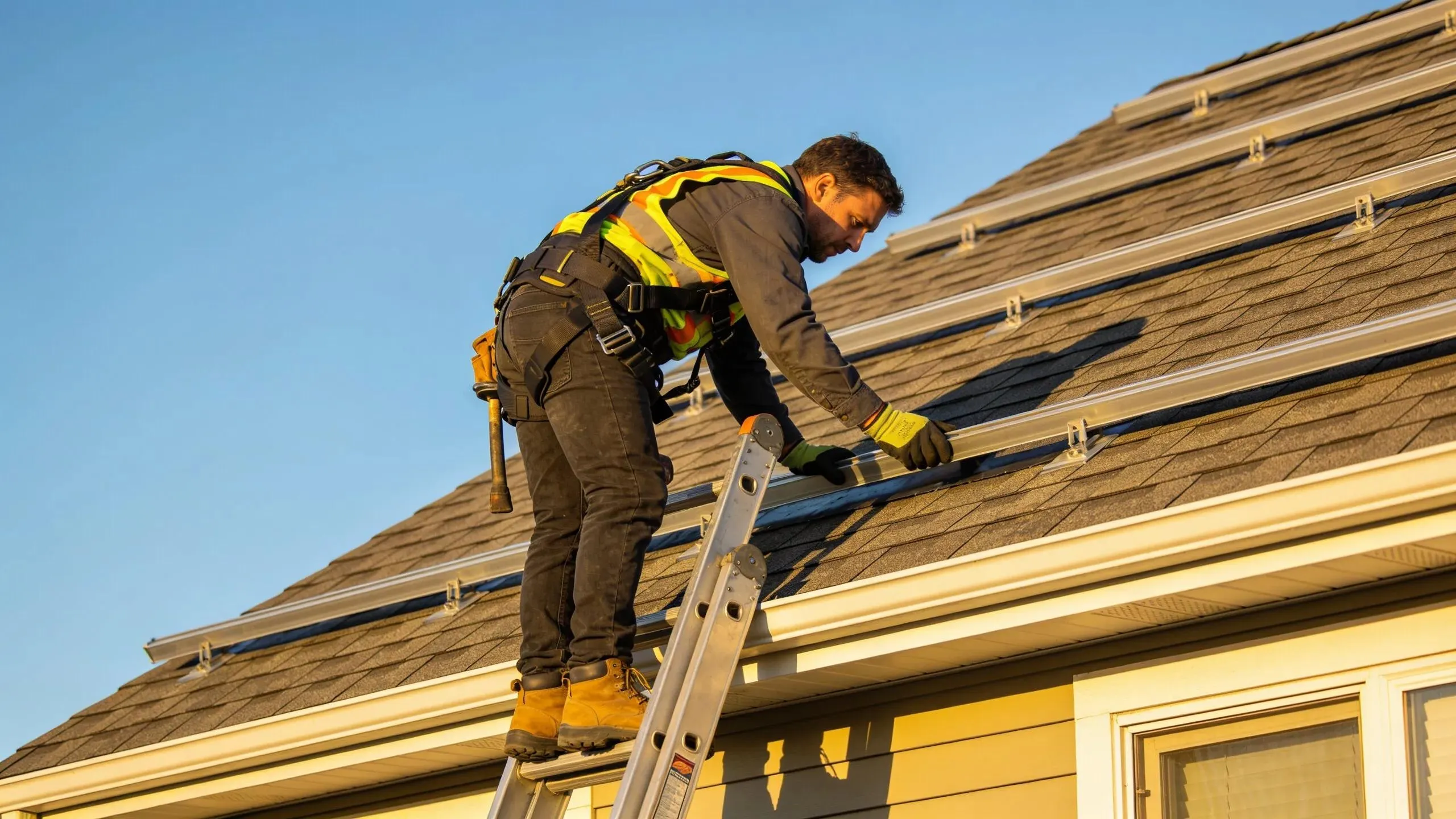 Roof repair technician installing or inspecting roofing services on a residential home