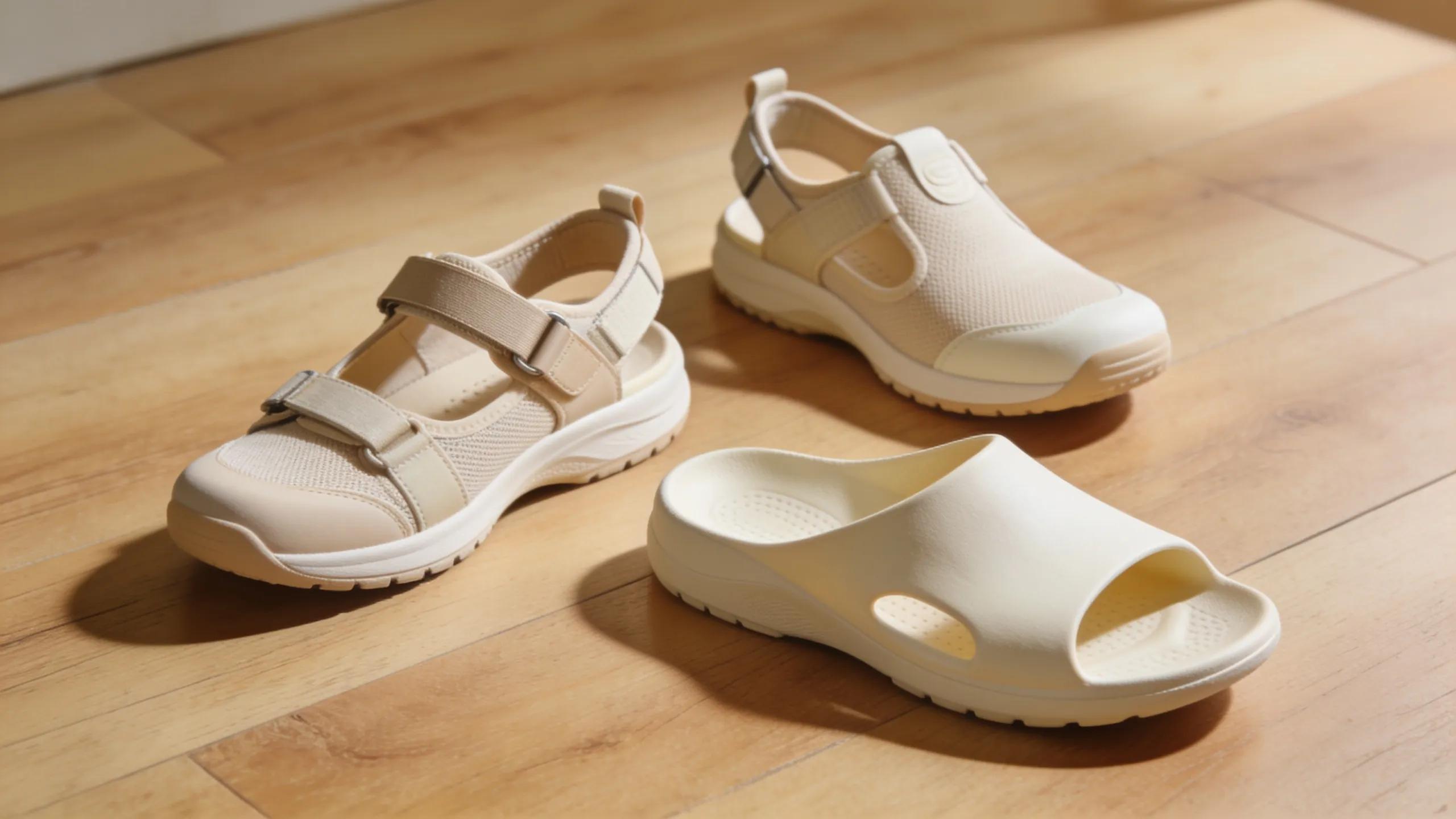 Three recommended diabetic shoe models for arthritis relief displayed on a wooden floor highlighting their features
