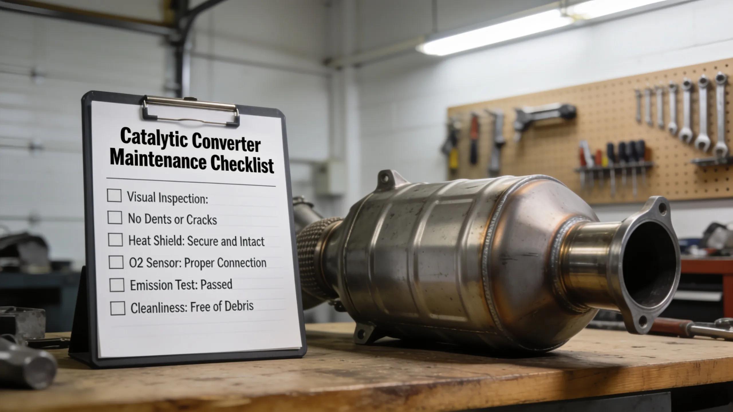 Close-up of a catalytic converter with maintenance checklist in a clean workshop, symbolizing vehicle care Catalytic converter maintenance checklist and inspection in automotive repair shop.