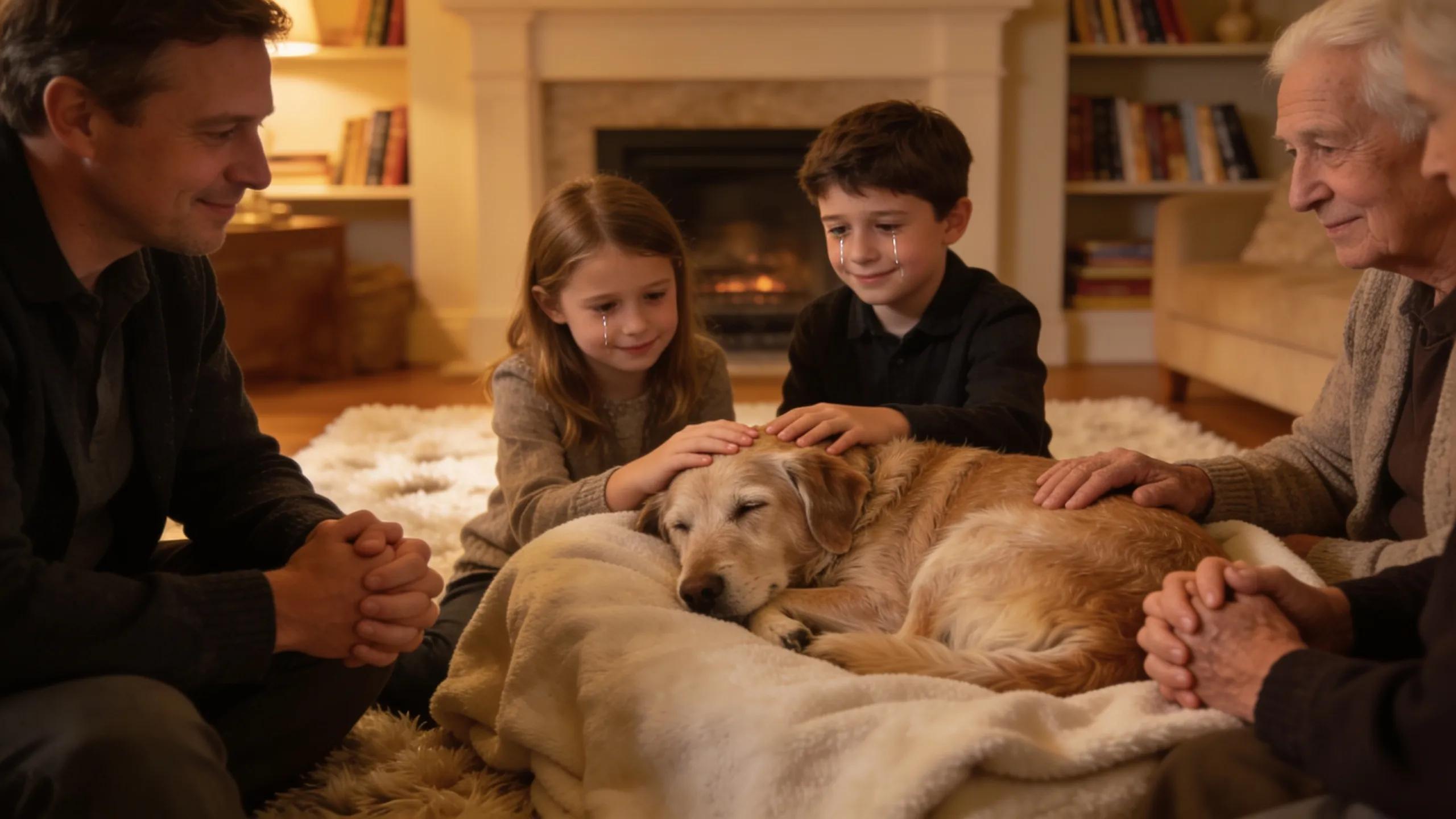 Family providing emotional support to their pet during in-home euthanasia, showcasing the comfort of familiar surroundings