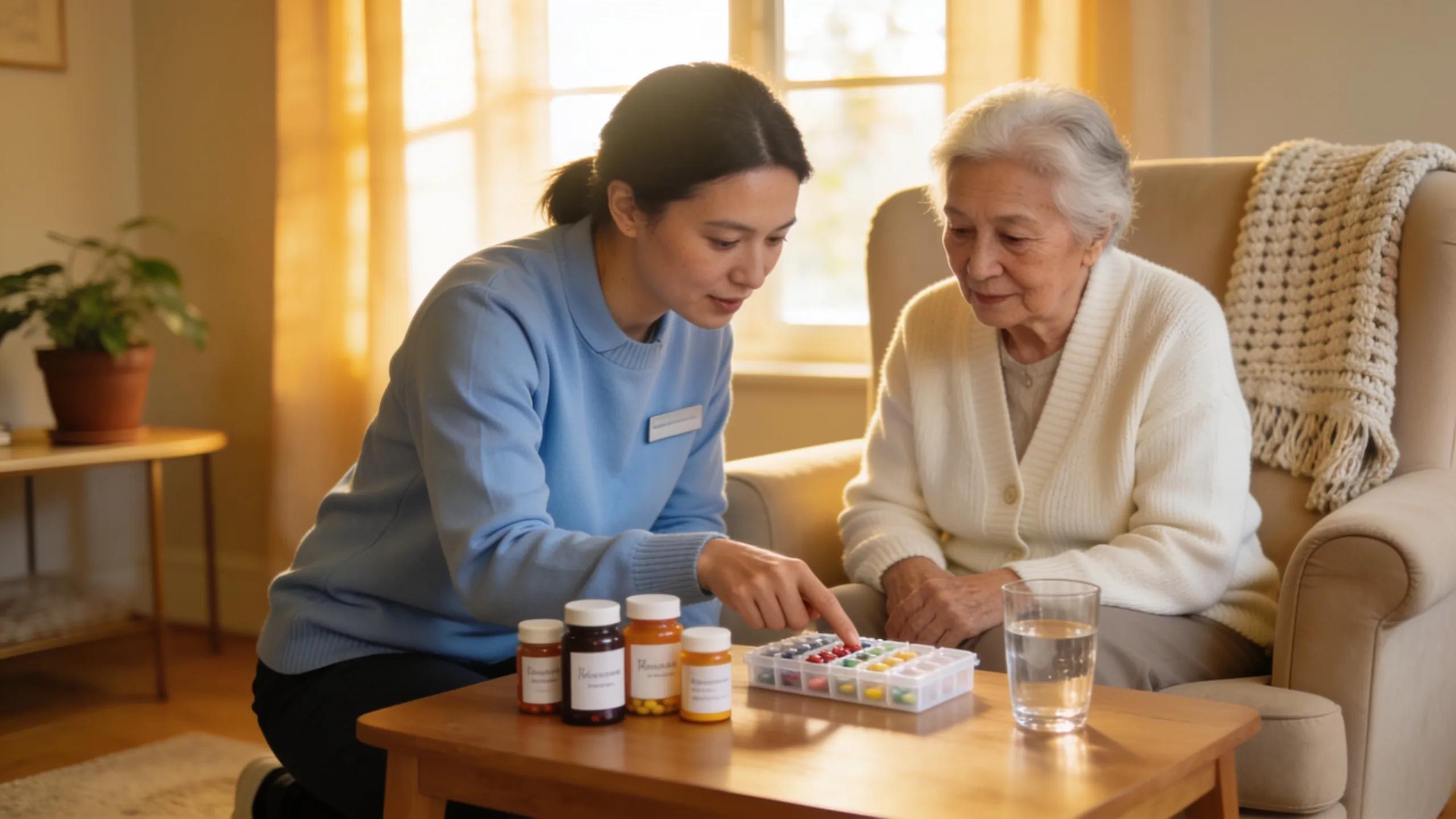 Caregiver assisting a senior with medication management in a cozy home
