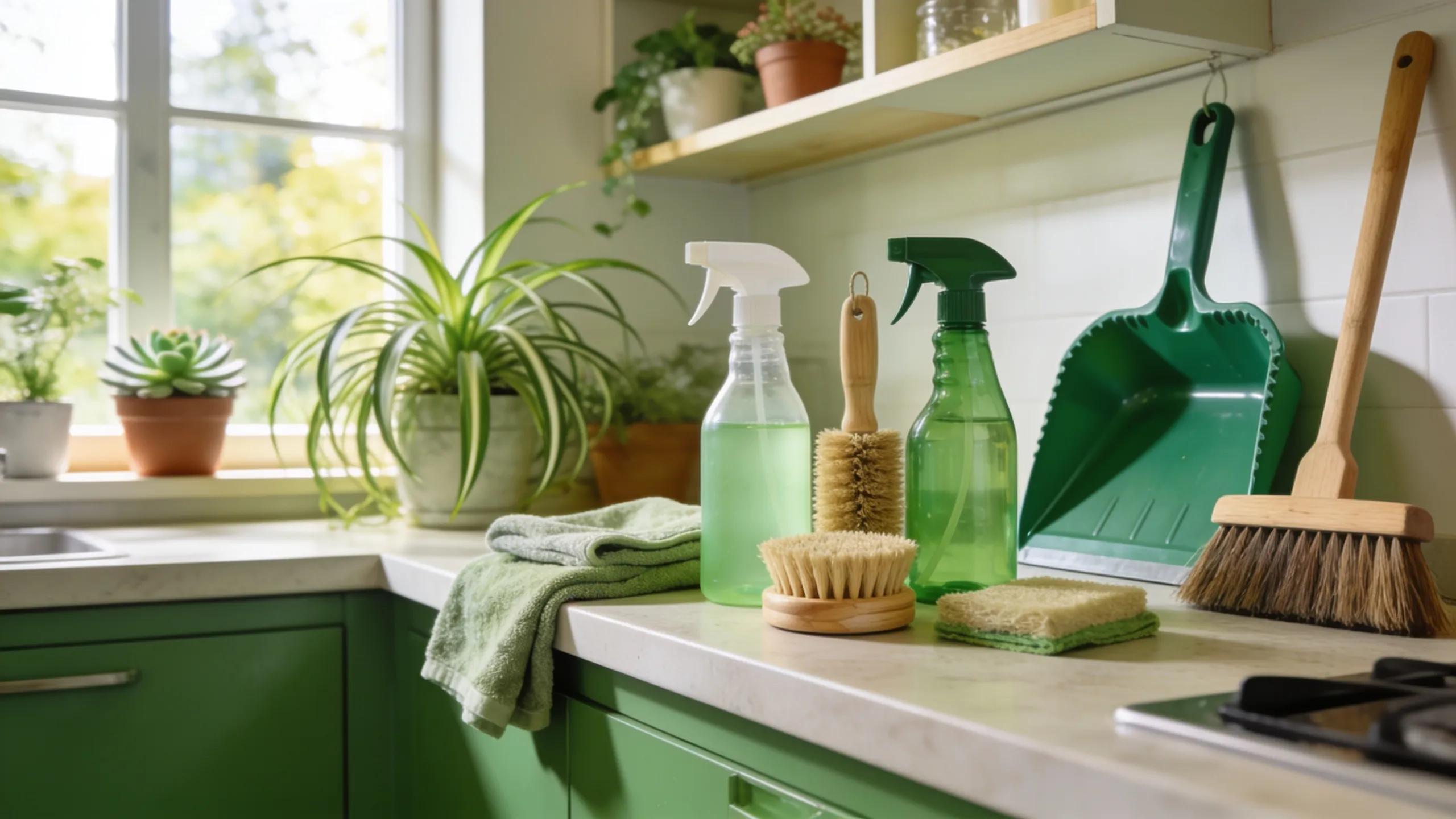 Modern kitchen with eco-friendly cleaning products and natural light highlighting a sustainable lifestyle