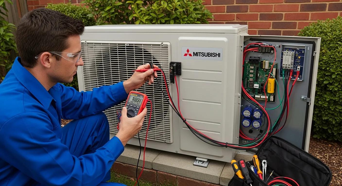 Technician diagnosing power issues in a Mitsubishi mini split outdoor unit with a multimeter
