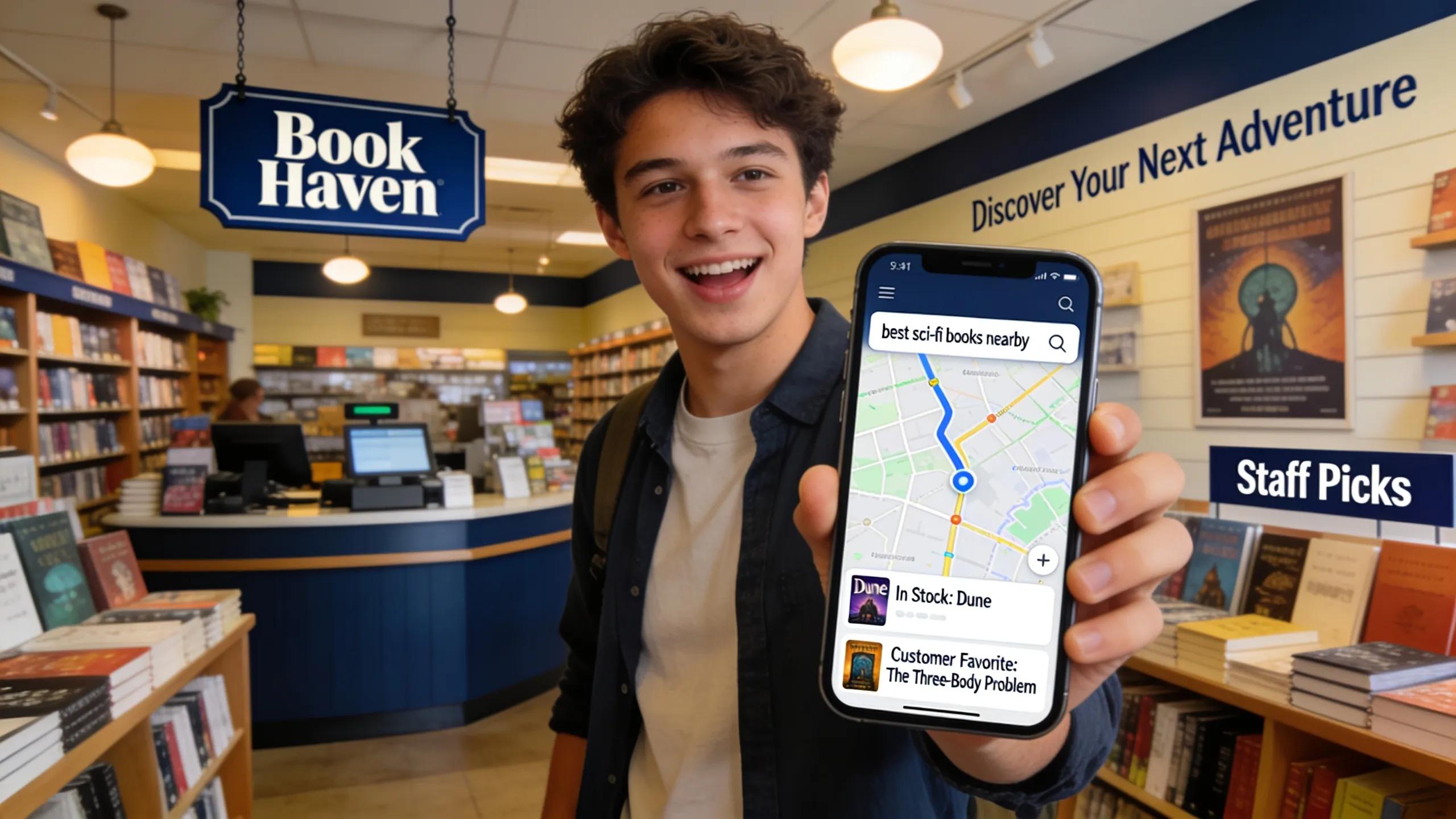 A customer using a smartphone in a local business, illustrating mobile SEO techniques for enhanced user experience.