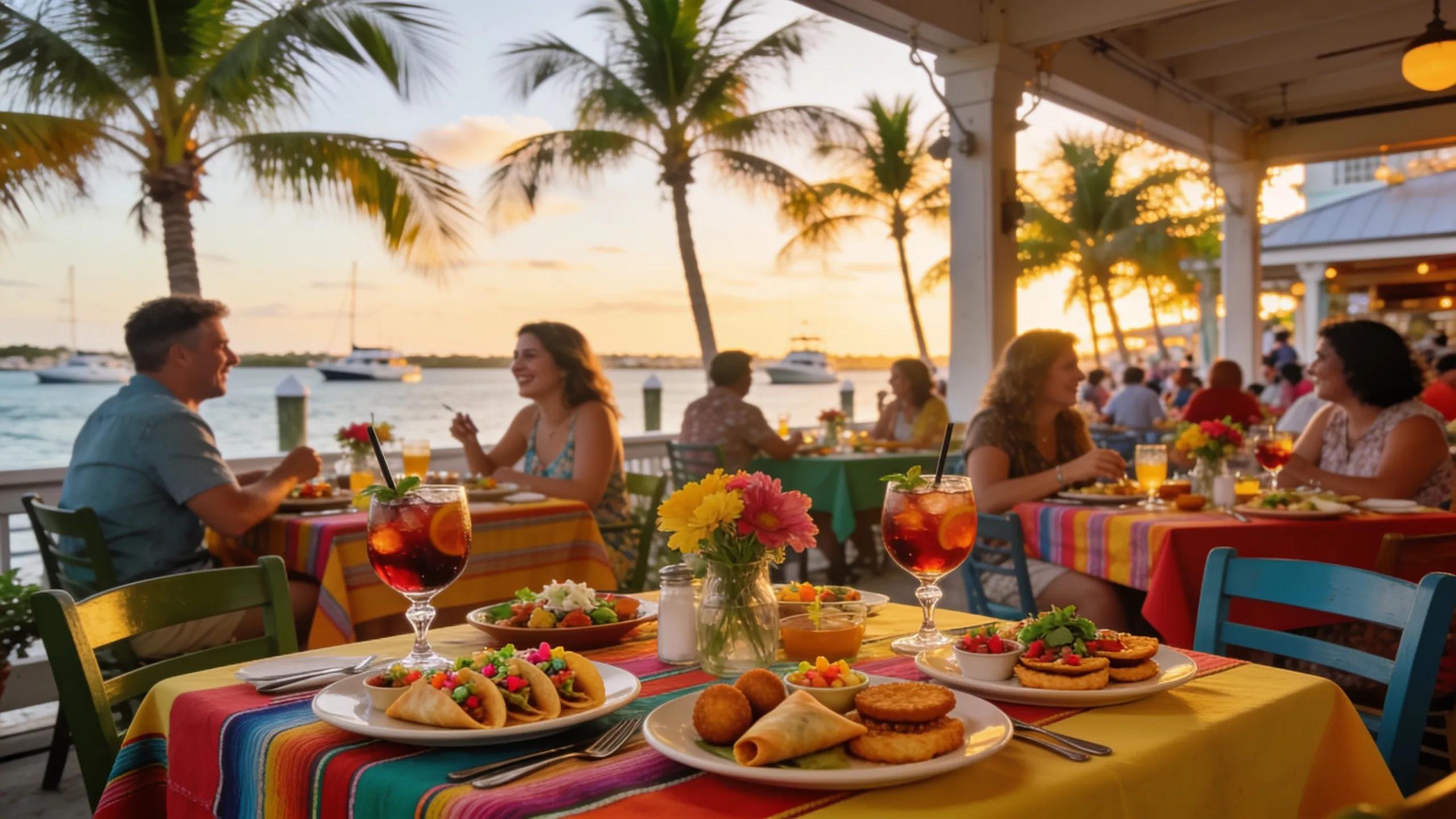 Outdoor dining scene featuring traditional Cuban cuisine and waterfront views in Key West