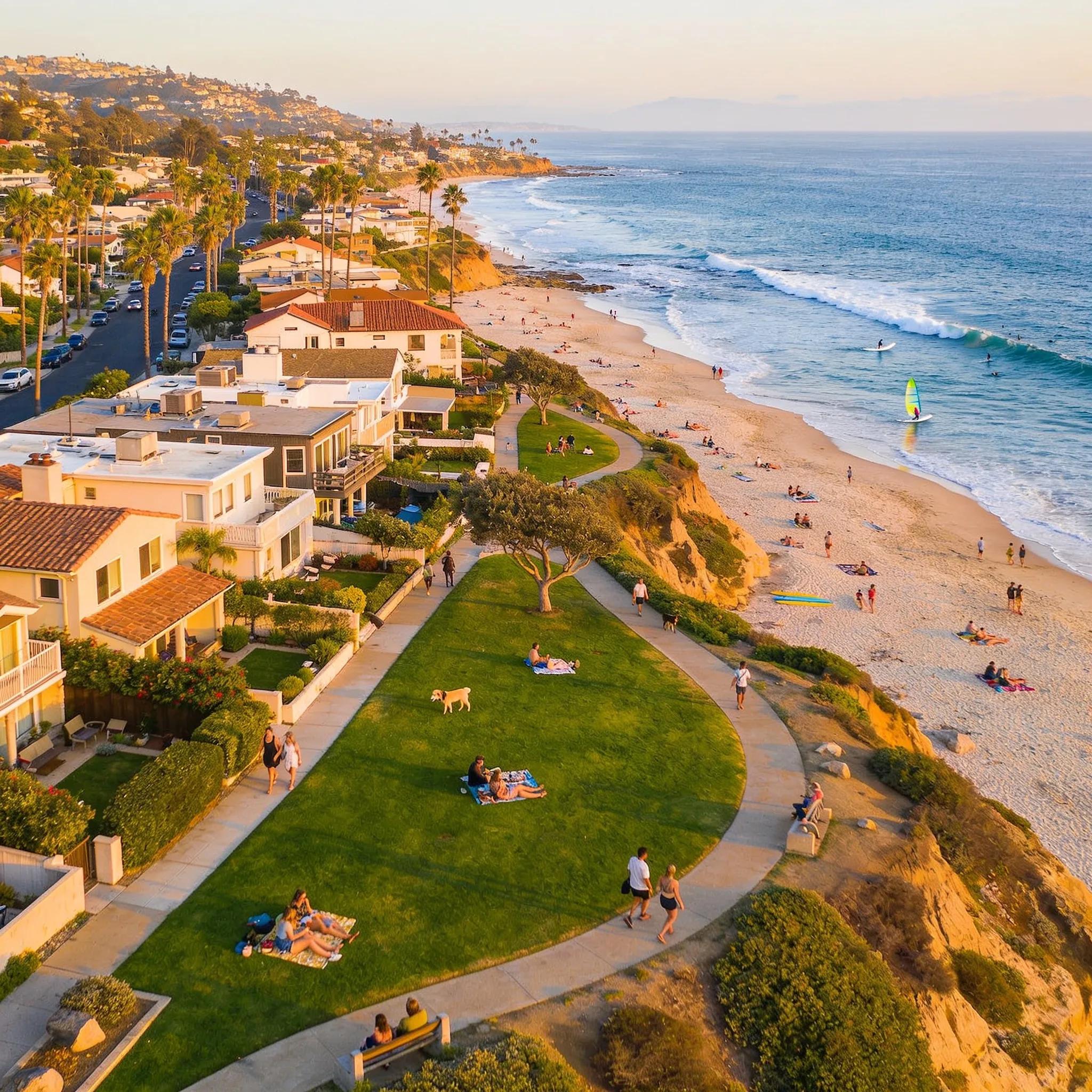 Aerial view of Solana Beach coastline, neighborhoods, and community life