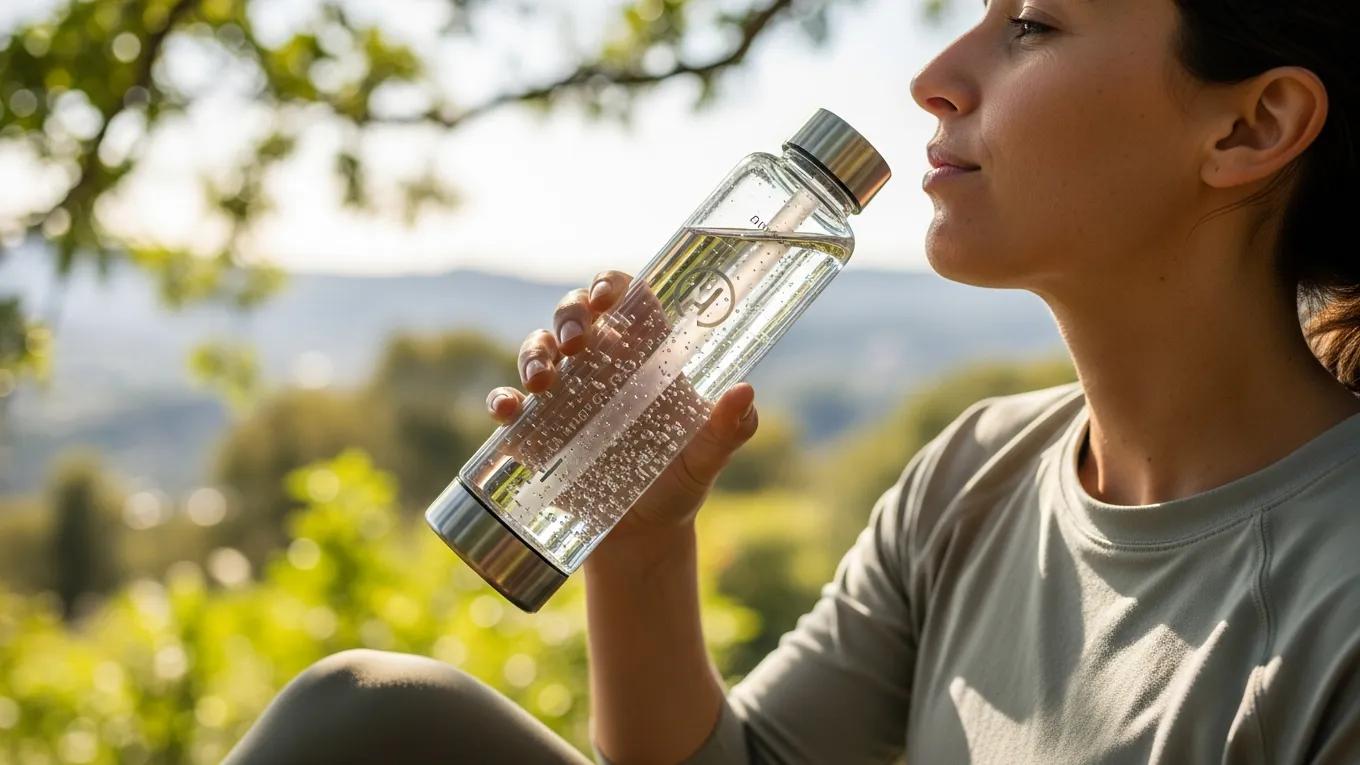 Person enjoying hydrogen water outdoors with a stylish bottle, highlighting wellness and hydration