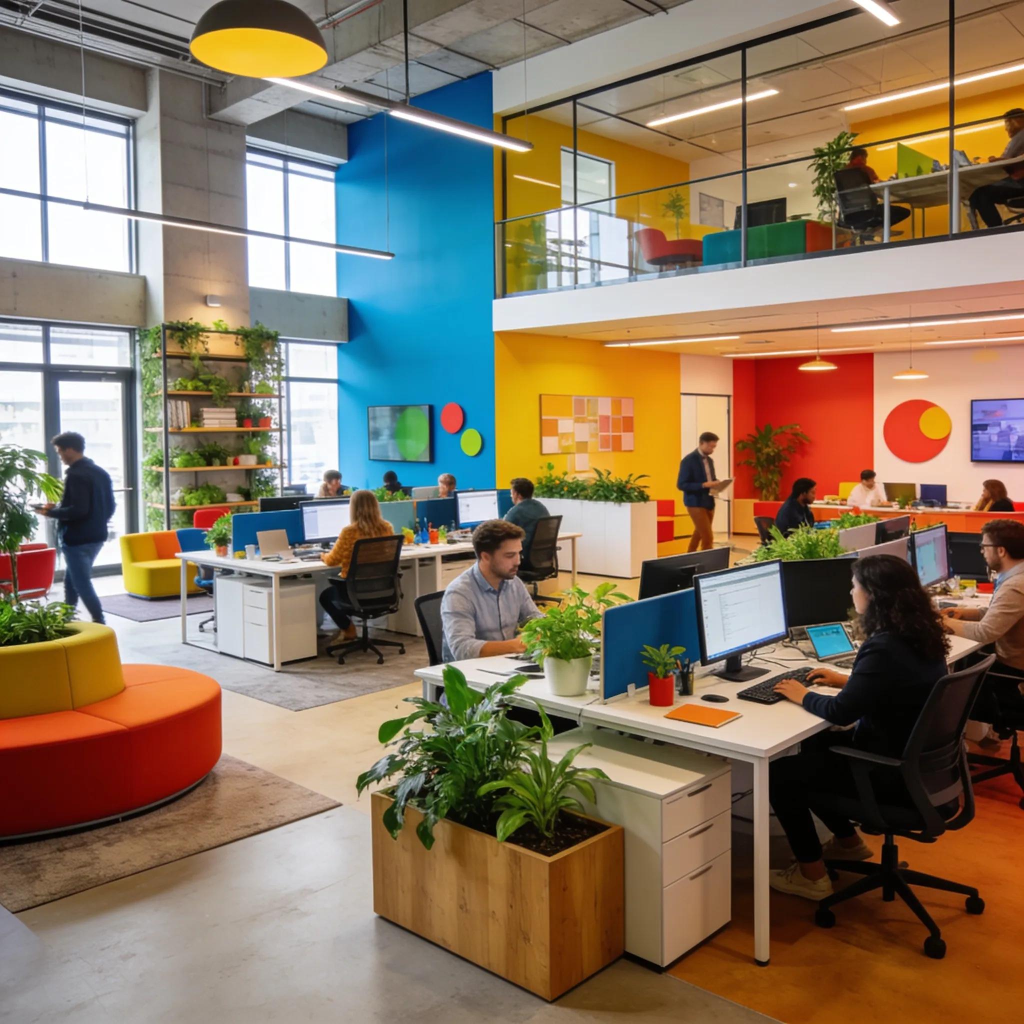 Modern office renovation showcasing an open layout with innovative furniture, natural lighting, and green plants for an engaging work environment