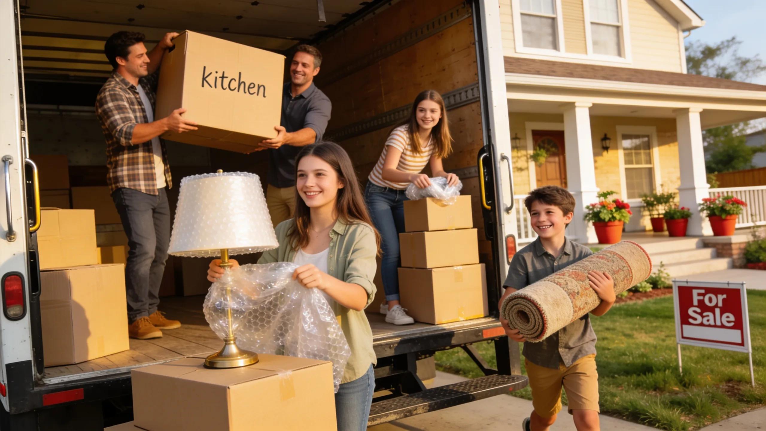 Family packing for a long distance move, showcasing packing materials and a moving truck.