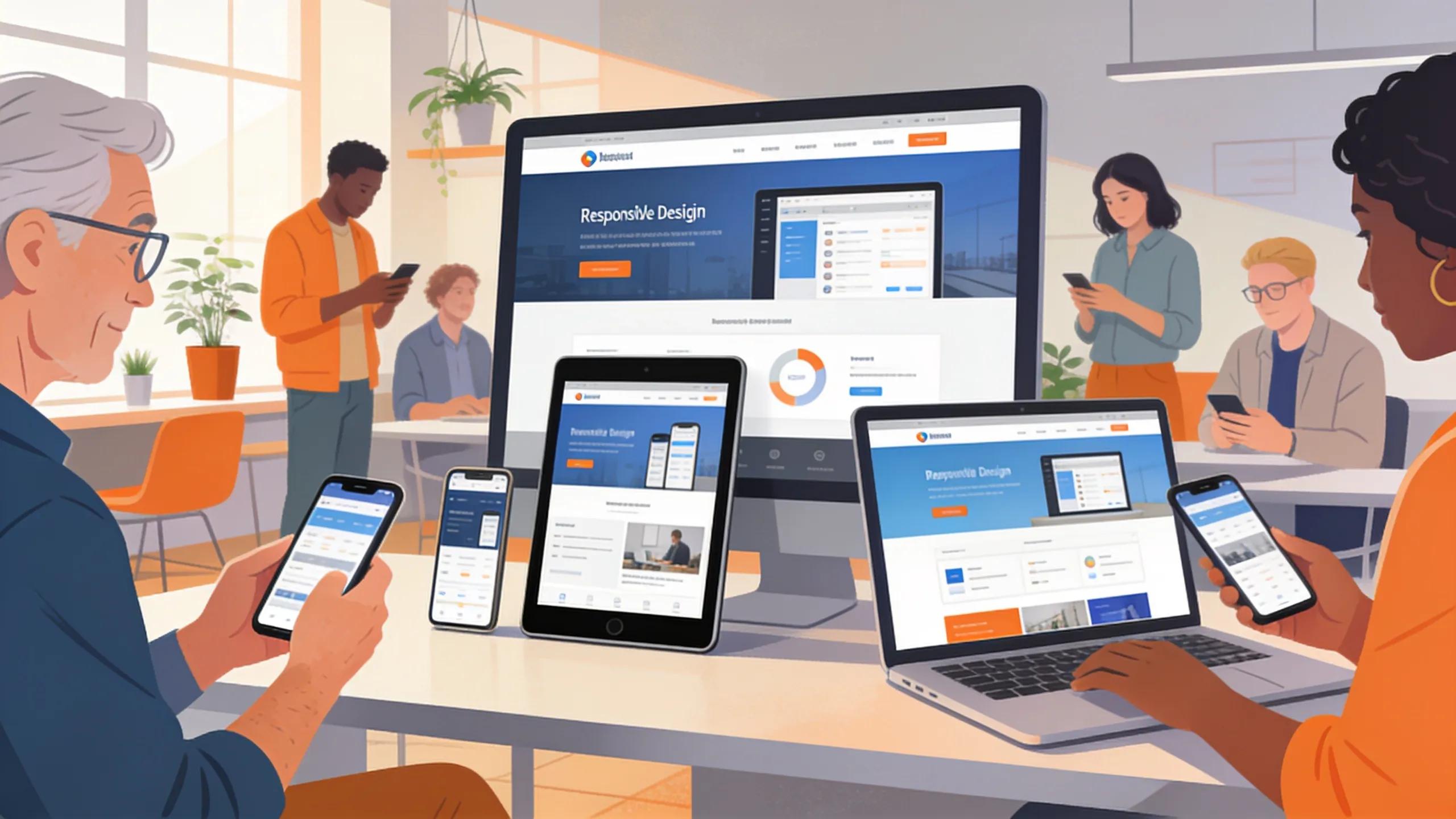 Diverse individuals engaging with responsive web design on various devices in a modern office
