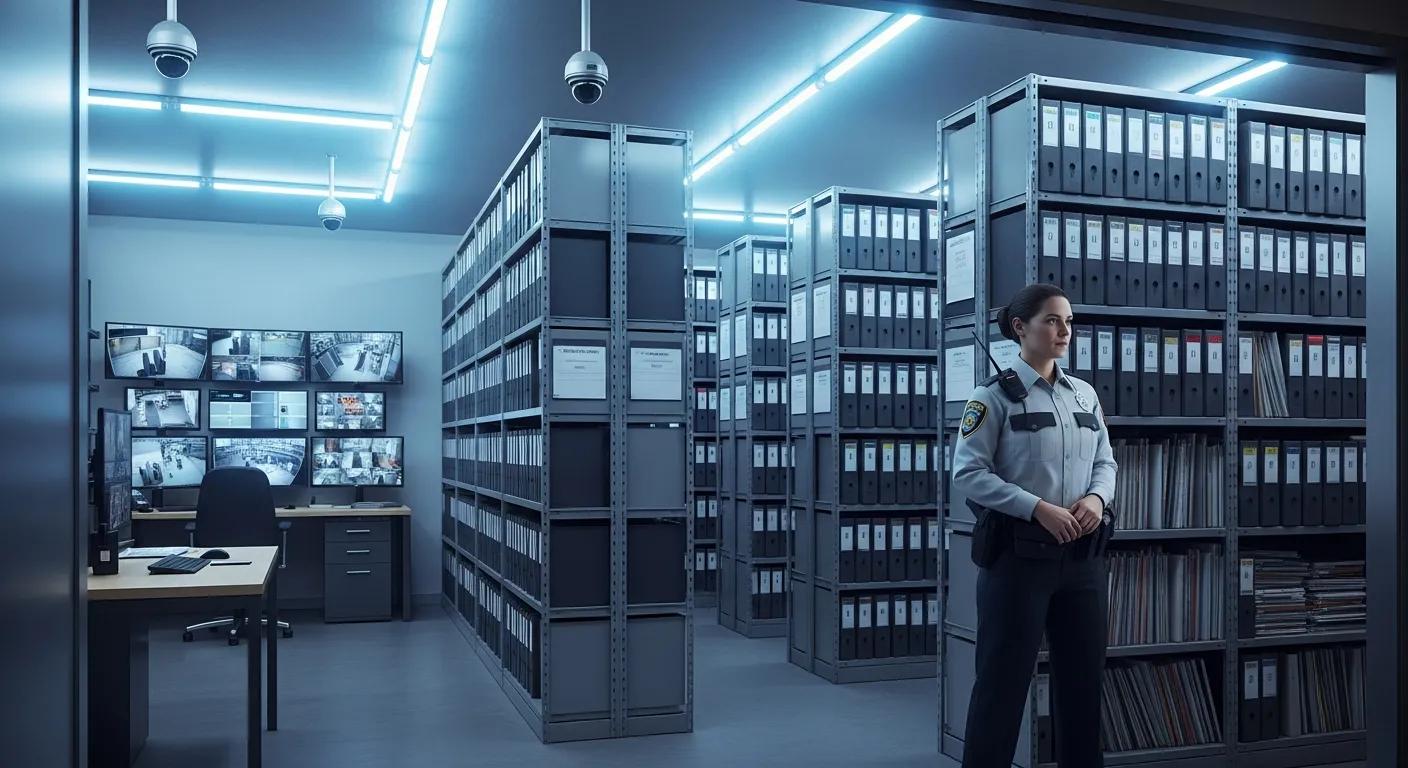 Offsite medical record storage facility with security personnel and organized storage area