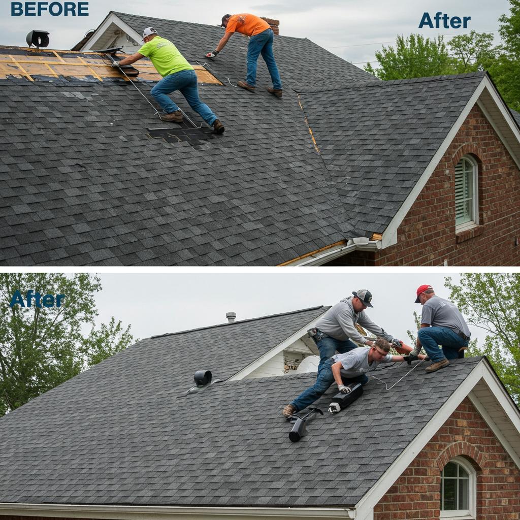 Various signs of roof damage including missing shingles and water stains