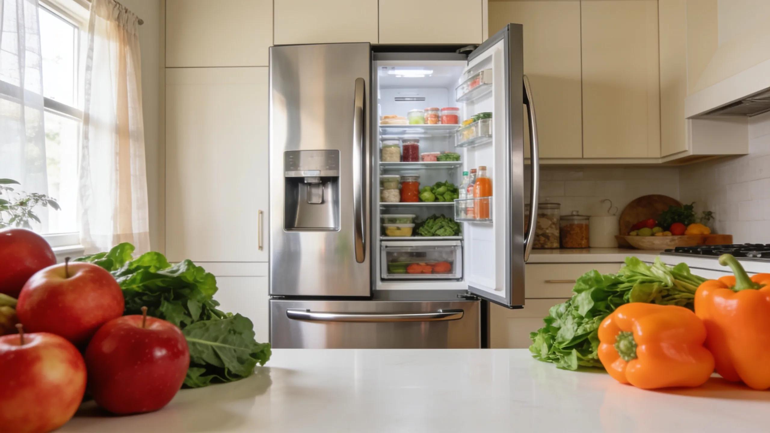 Modern refrigerator in a stylish kitchen full of fresh produce, representing reliable repair solutions