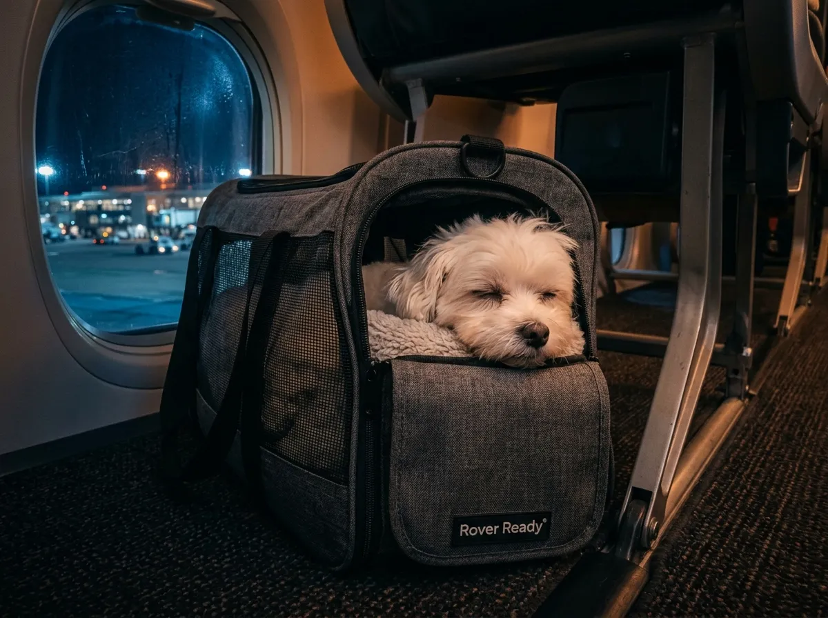 Calm dog in a soft-sided carrier during air travel, emphasizing comfort and tranquility