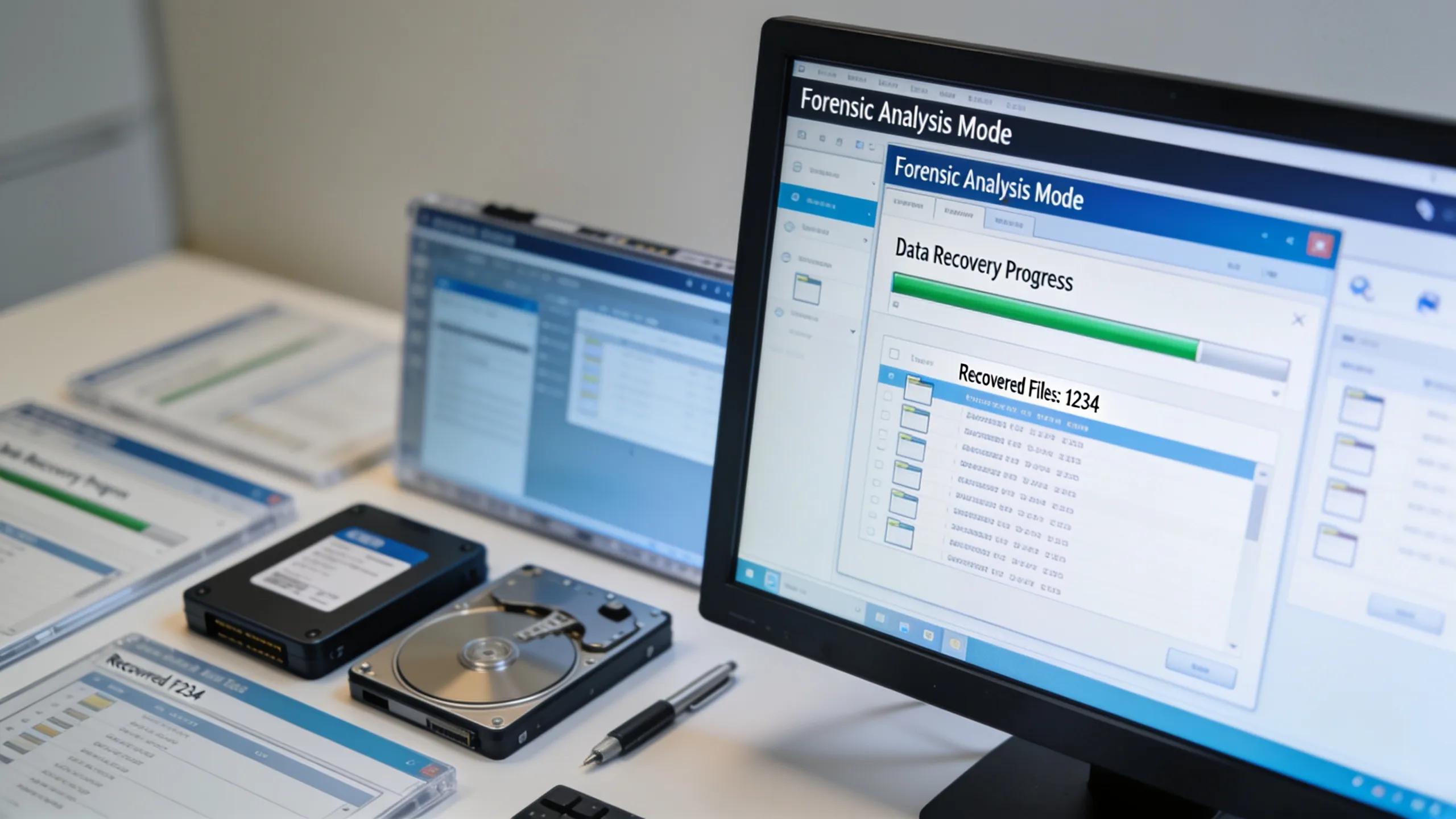 Data recovery software displayed on a computer screen with forensic tools in an organized workspace