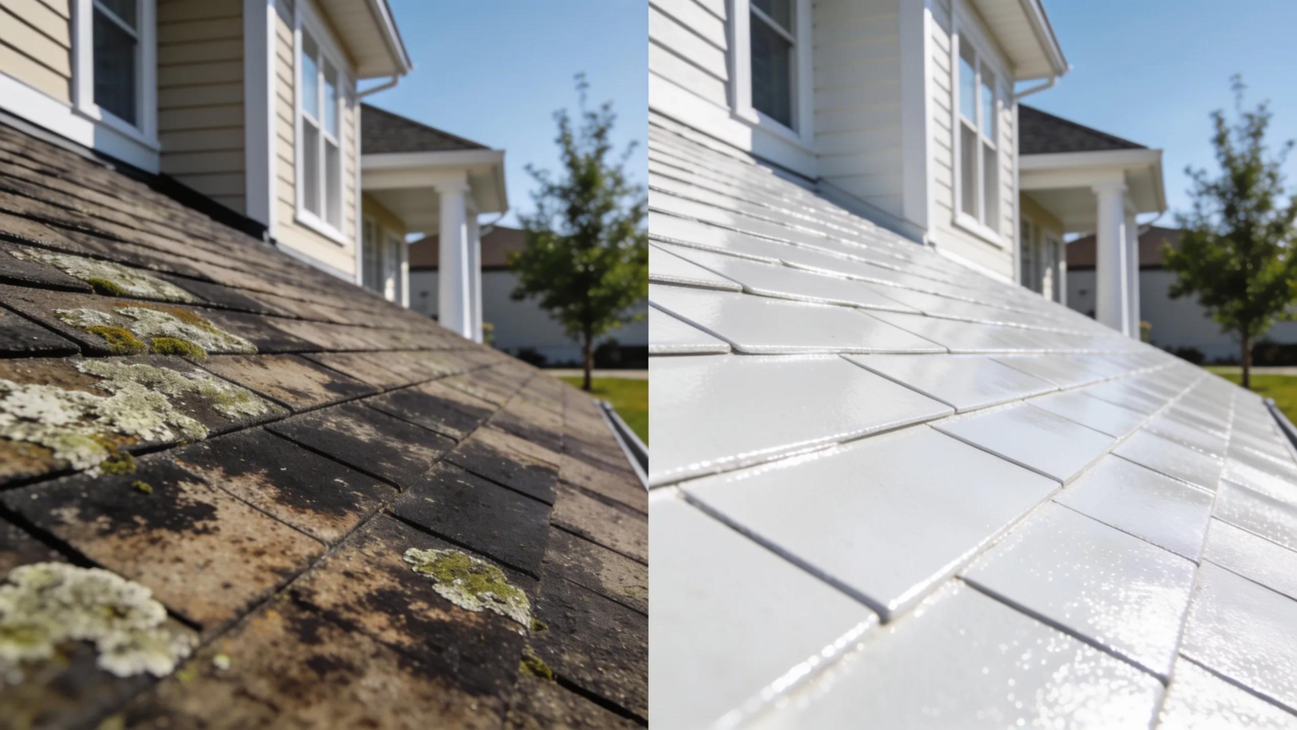 Before and after comparison of a roof cleaned with soft washing in Mankato, showcasing effective cleaning results