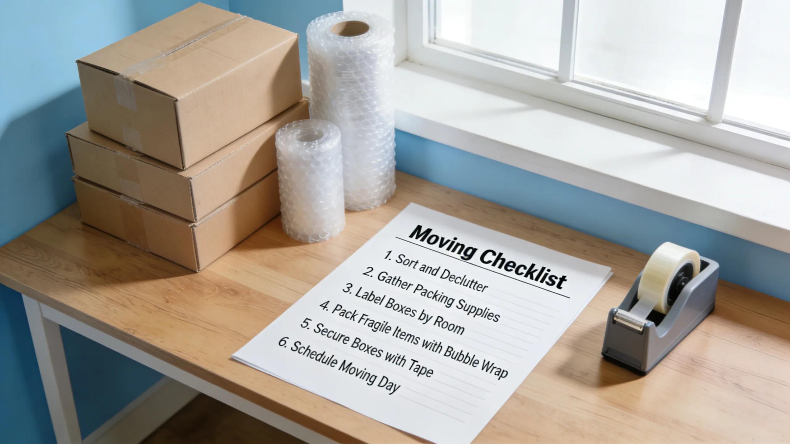 Workspace with a moving checklist alongside packing supplies, emphasizing organization.