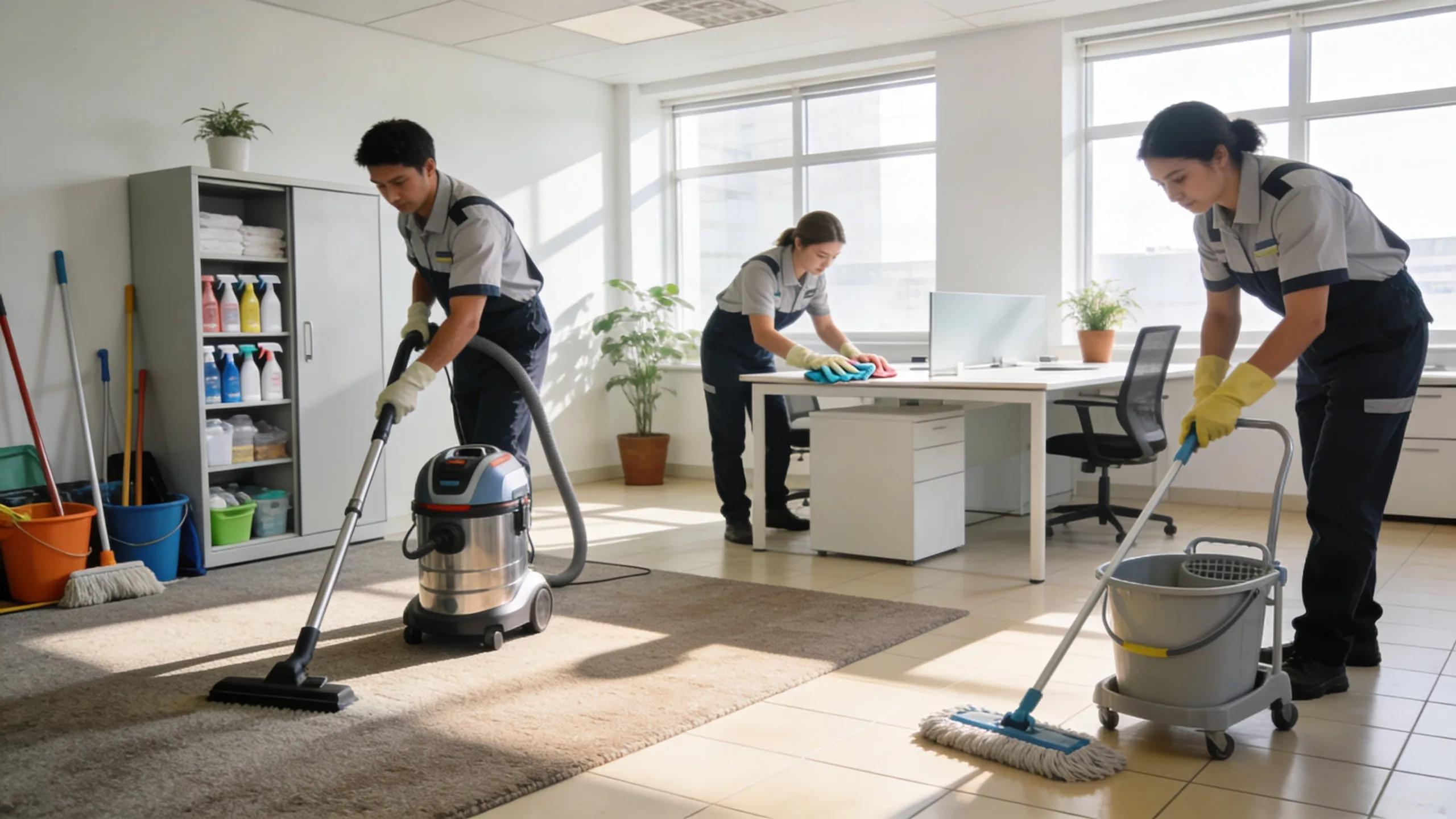 Professional cleaning agency team in a bright, clean office, showcasing expertise and commitment to hygiene Professional cleaning agency team in a bright, clean office, showcasing expertise and commitment to hygiene