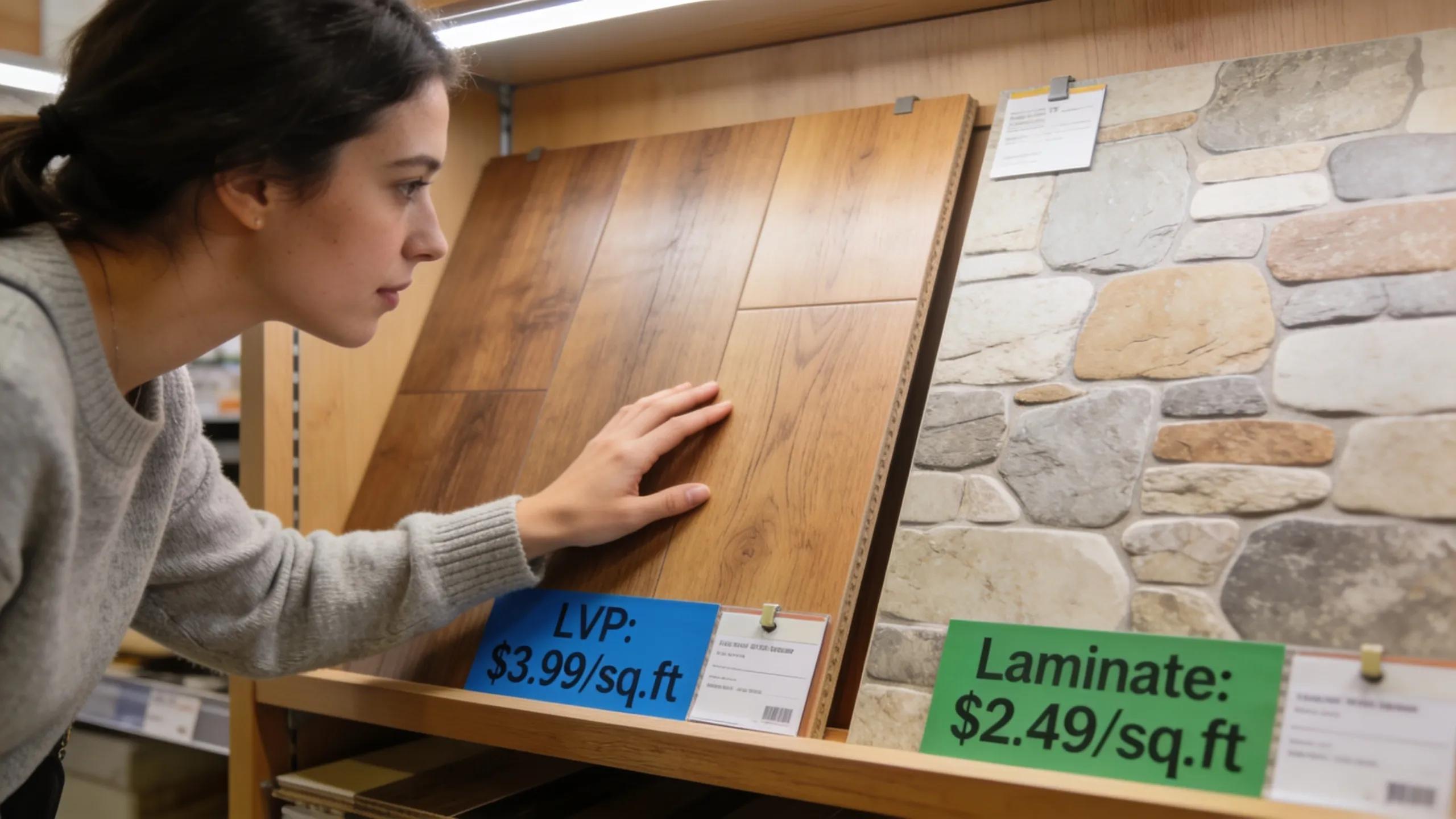 Woman examining Luxury Vinyl Plank (LVP) flooring samples and laminate options in a showroom.