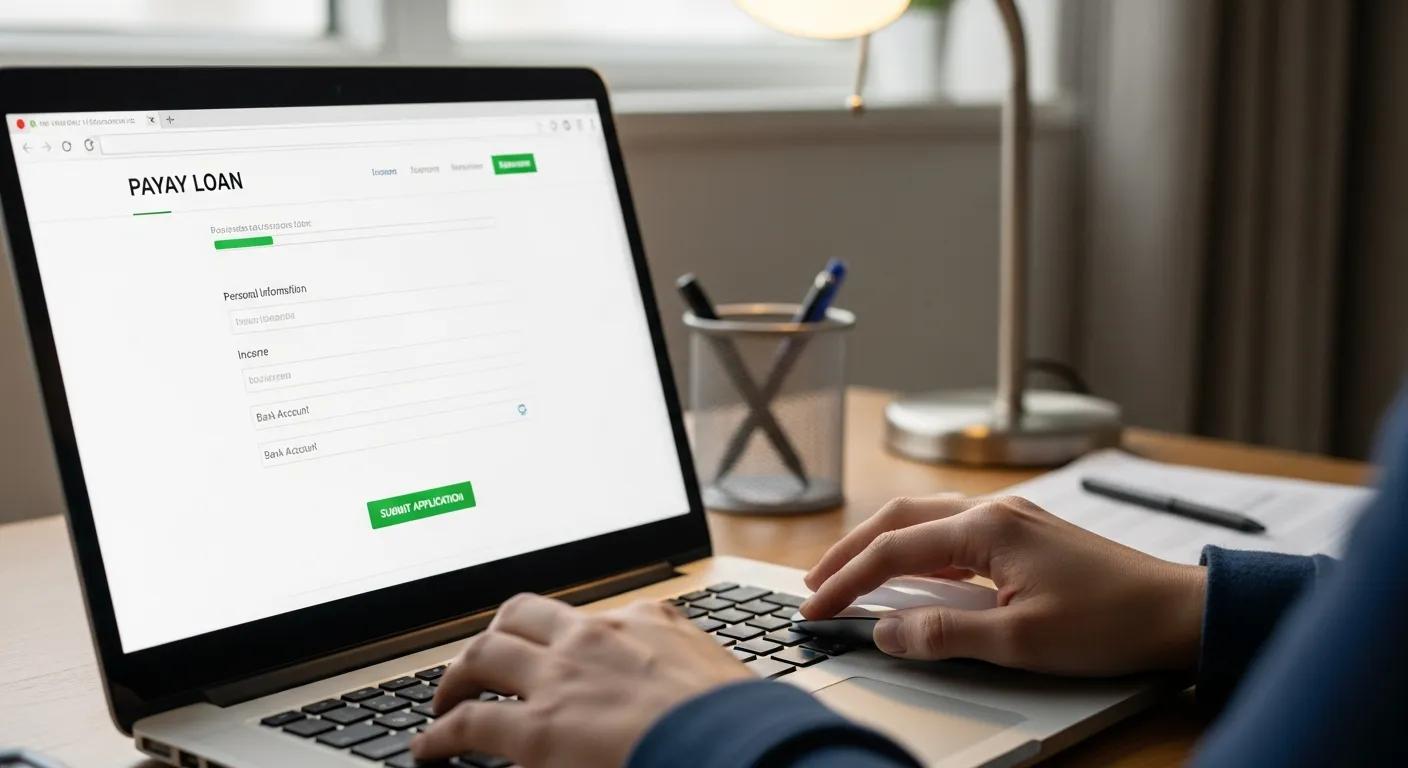 Person completing an online payday loan application on a laptop, focusing on personal information and income details, with a visible "Submit Application" button, in a home office setting.