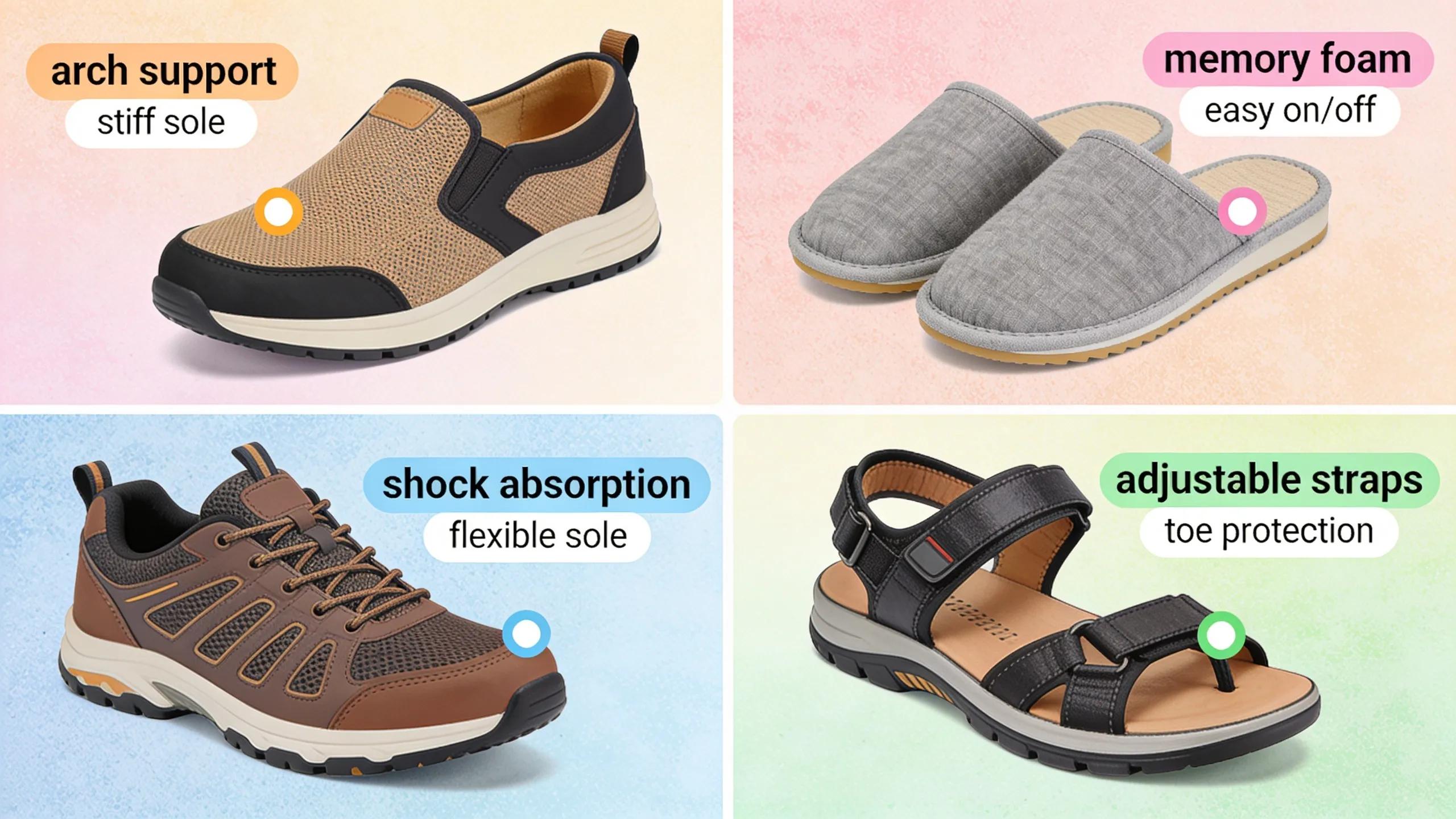 Variety of shoes designed for arthritis relief, including orthopedic and cushioned styles, displayed attractively