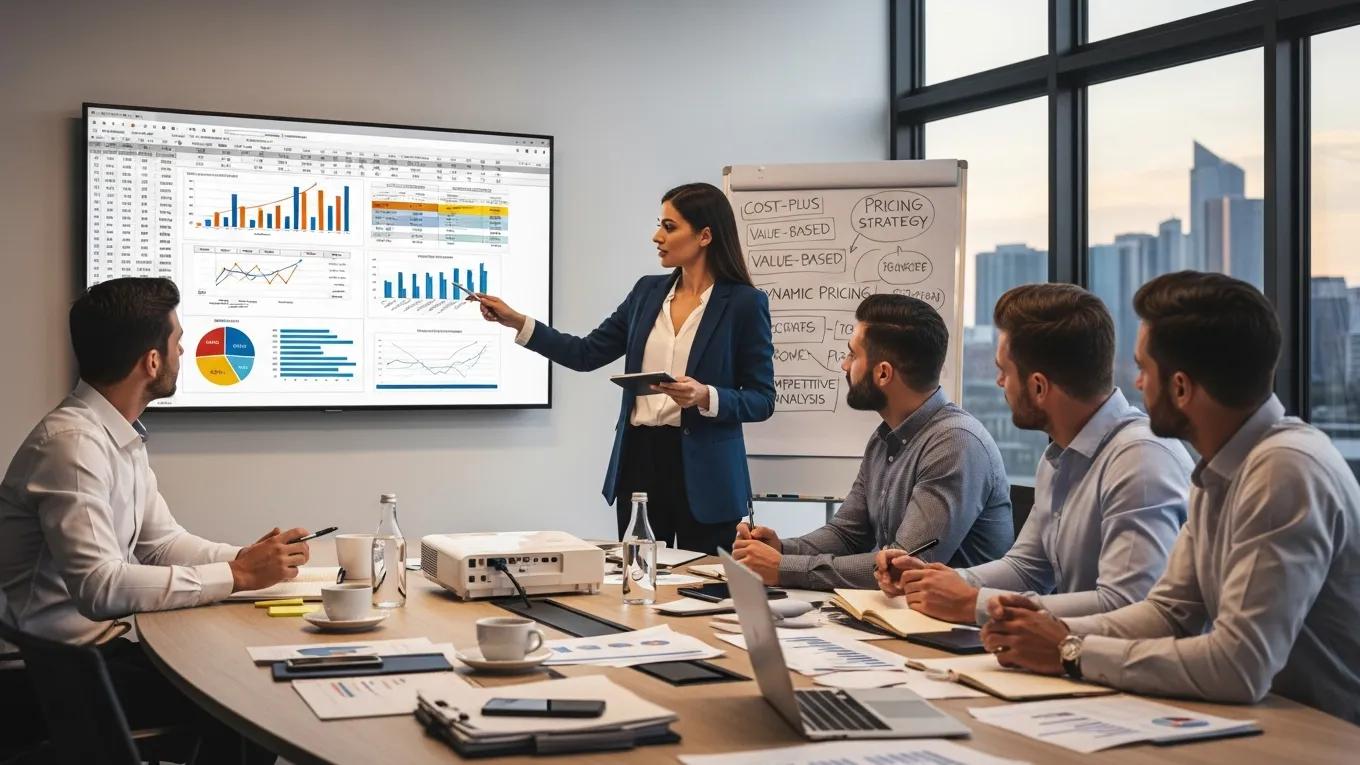 Financial team brainstorming pricing strategies in a collaborative meeting Financial team brainstorming pricing strategies in a collaborative meeting