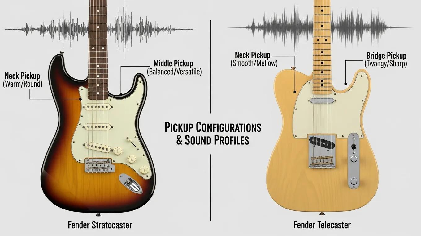 Comparison of pickup configurations for Fender Stratocaster and Telecaster, highlighting their sound profile differences.
