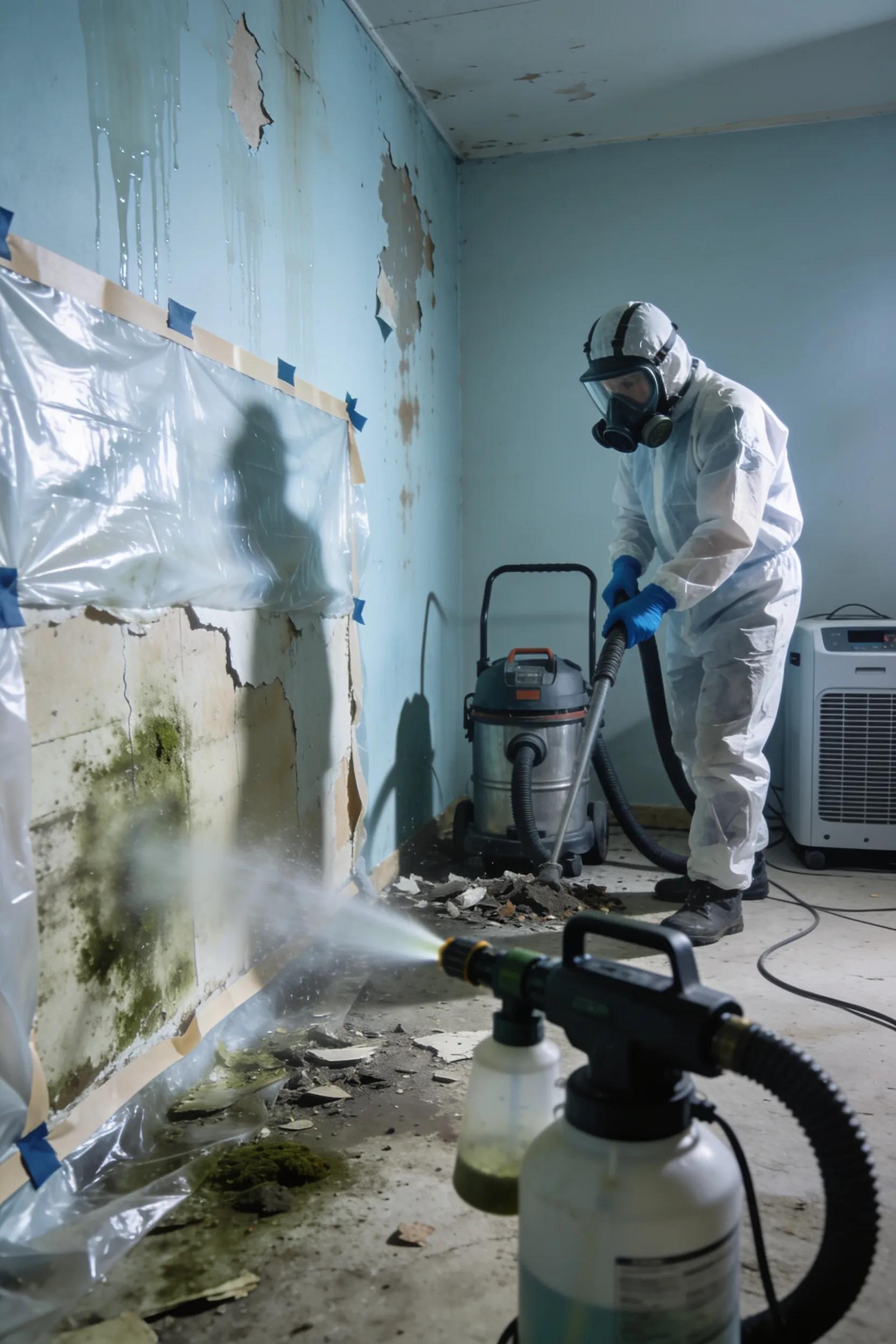 Mold remediation process demonstrating containment and cleaning techniques in water-damaged property