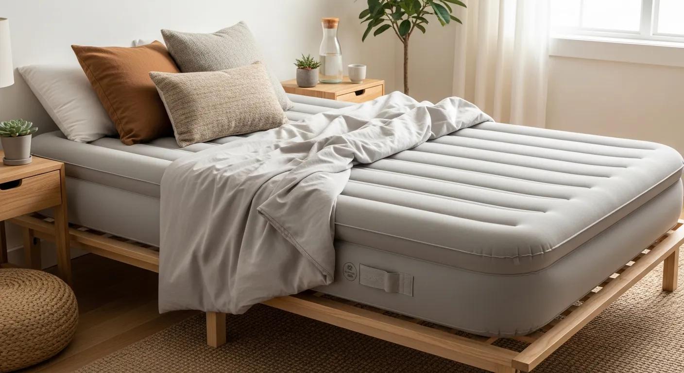Thoughtfully styled eco guest bed showing a PVC‑free air mattress and breathable cover