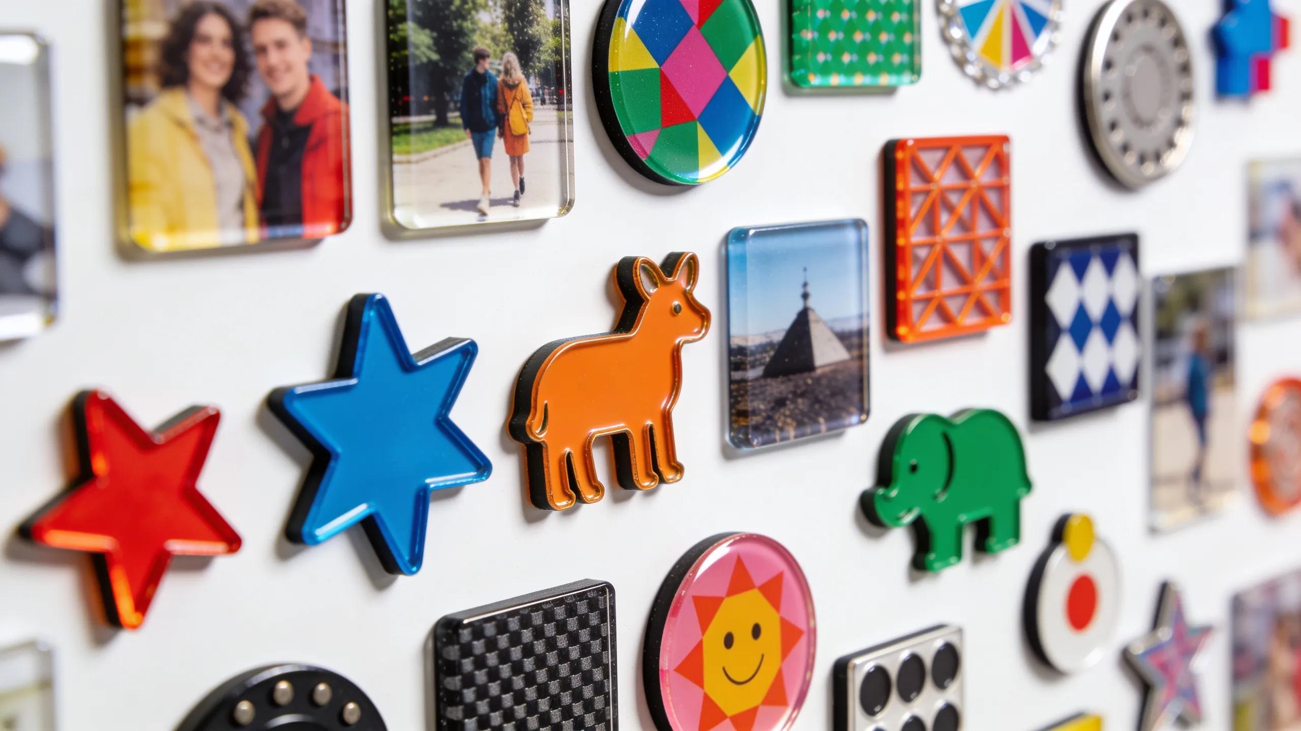 A vibrant assortment of custom magnets highlighting various styles and designs relevant to personalized home and business branding.