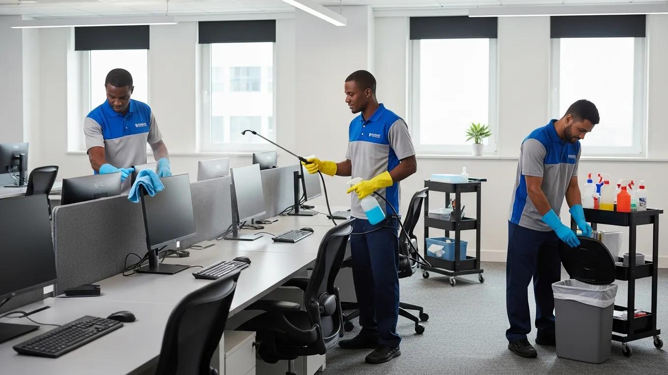 Professional cleaning crew sanitizing a modern office environment