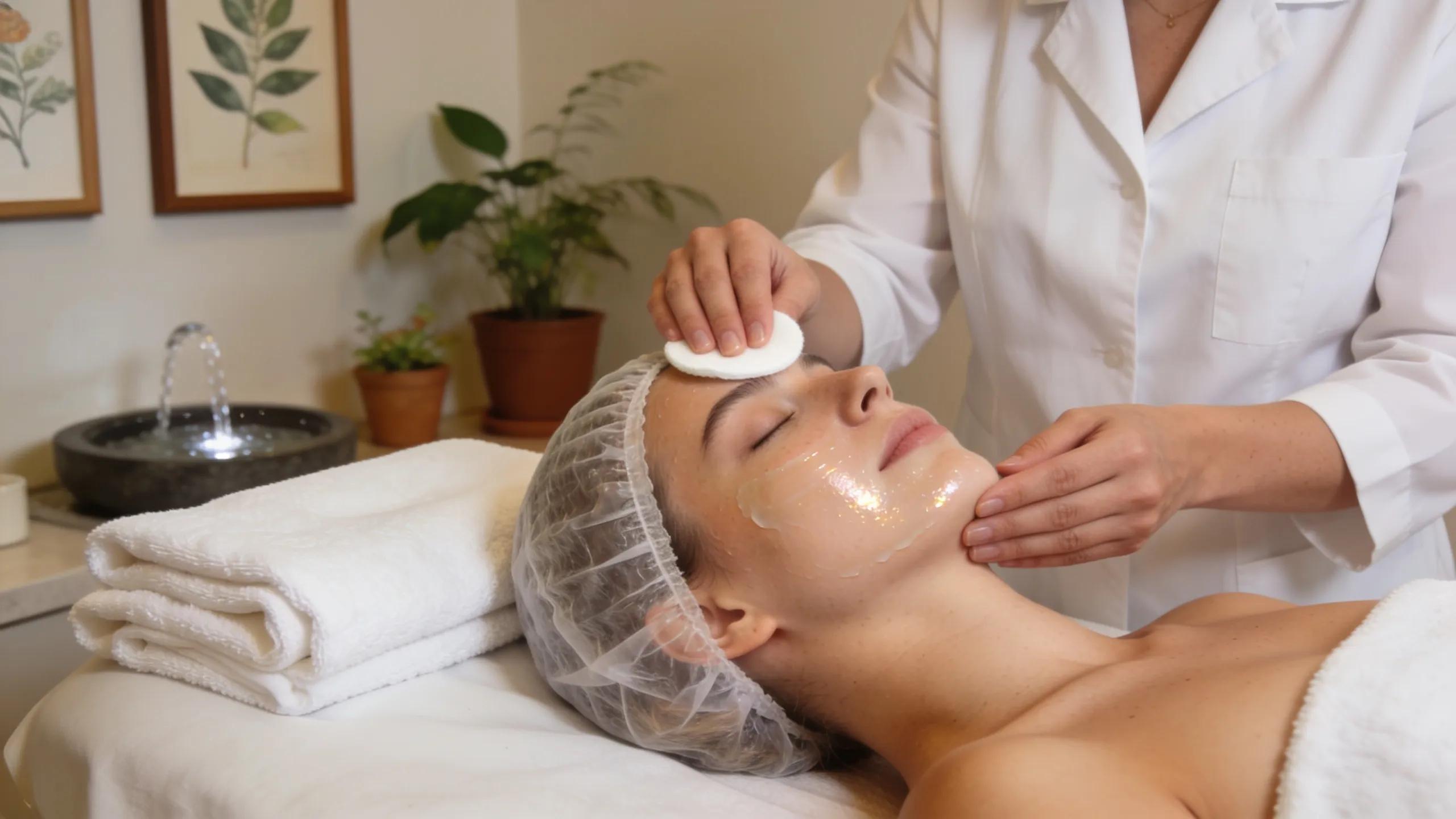 Patient receiving a chemical peel treatment in a calming spa-like environment