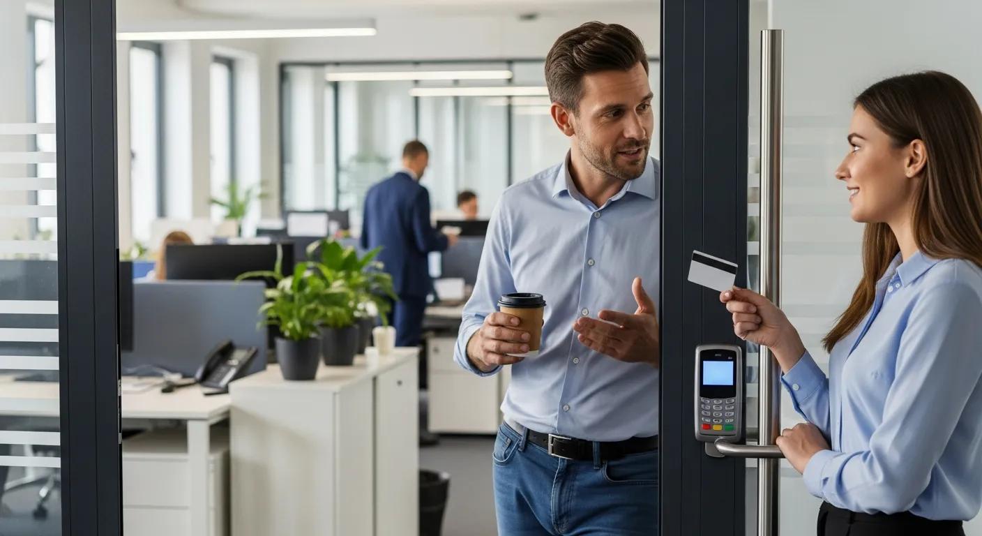 Office scene showing a person using a friendly story to gain entry — social engineering example