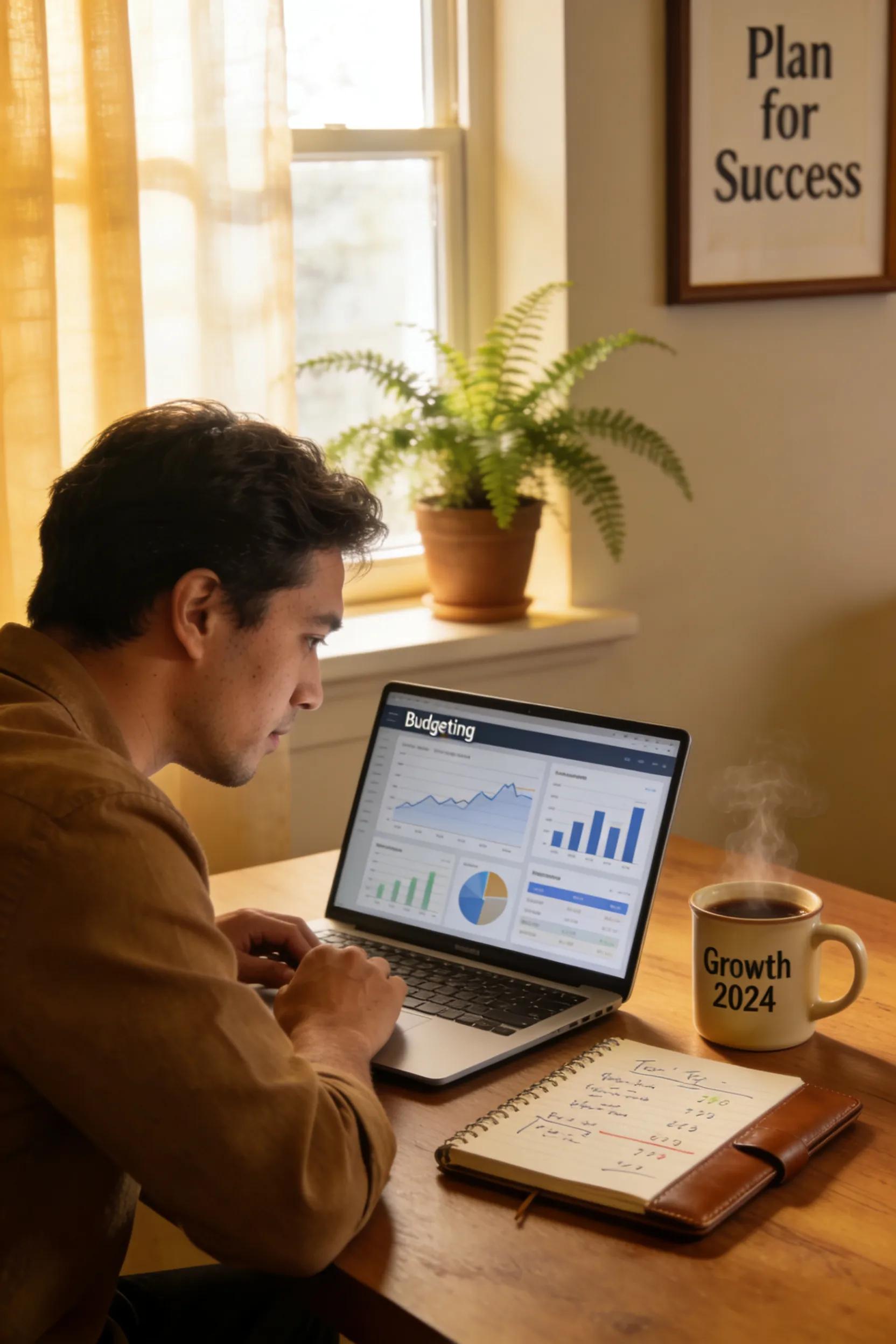 Entrepreneur reviewing financial plans and budgeting tools in a cozy workspace