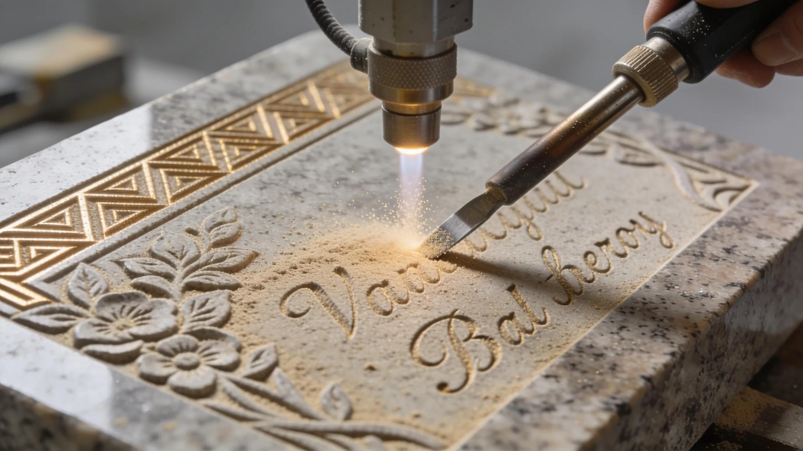 Detailed engraving techniques for custom grave markers, showcasing craftsmanship and tools