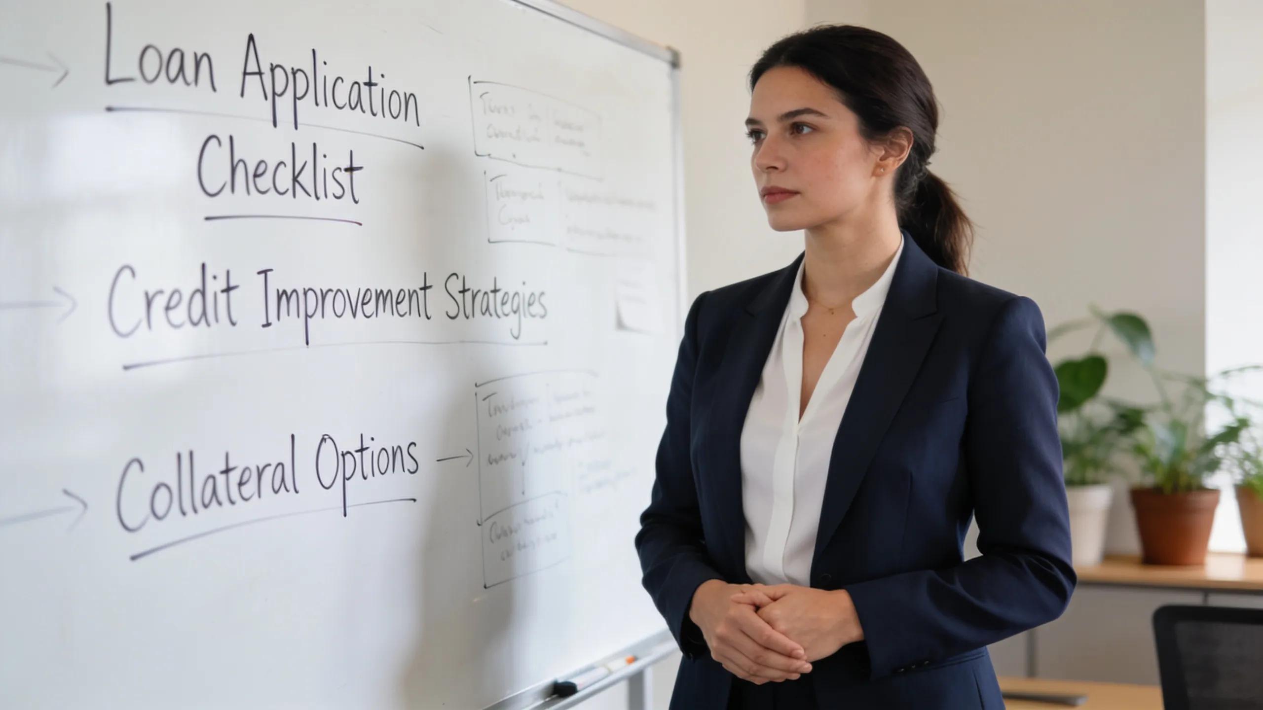Entrepreneur strategizing to secure a loan in a professional office