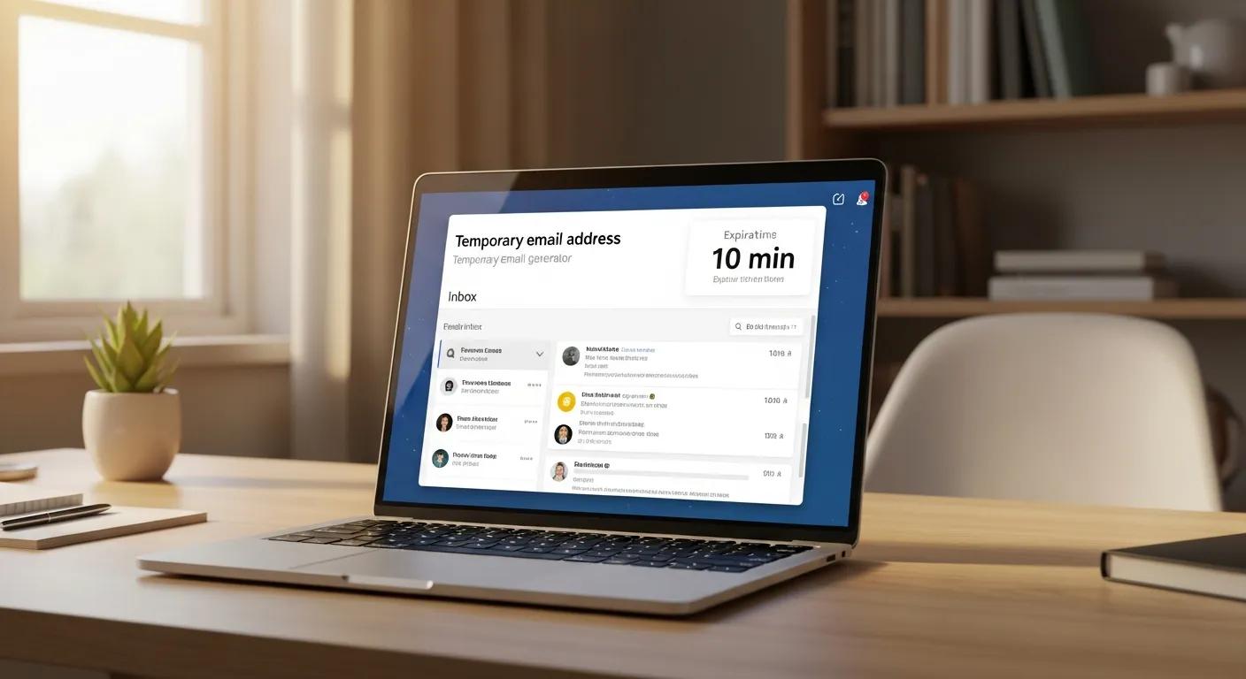 Laptop showing temporary email app in a home workspace