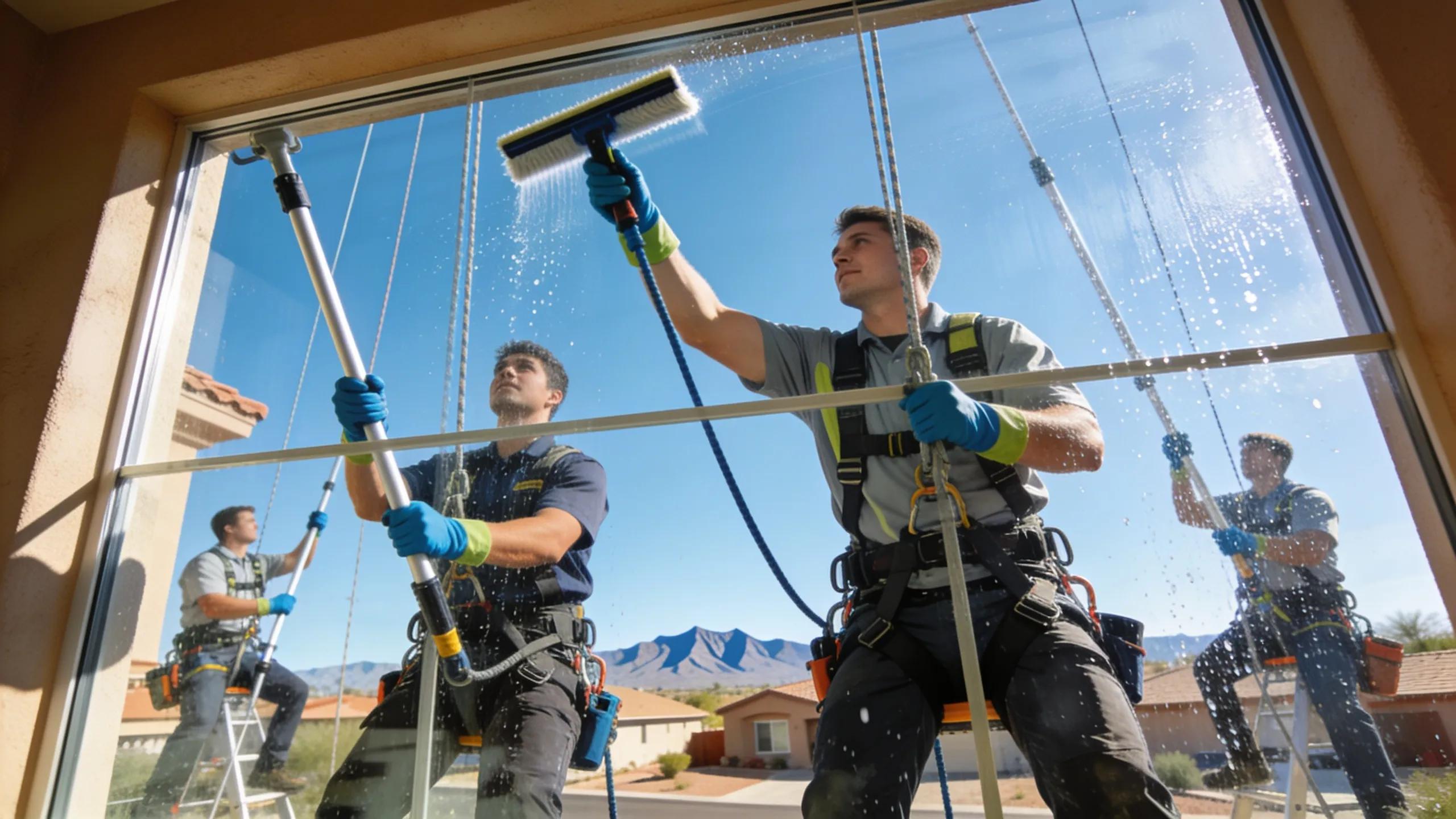 Arizona window washers wearing safety gear while cleaning residential windows, emphasizing safety and professionalism