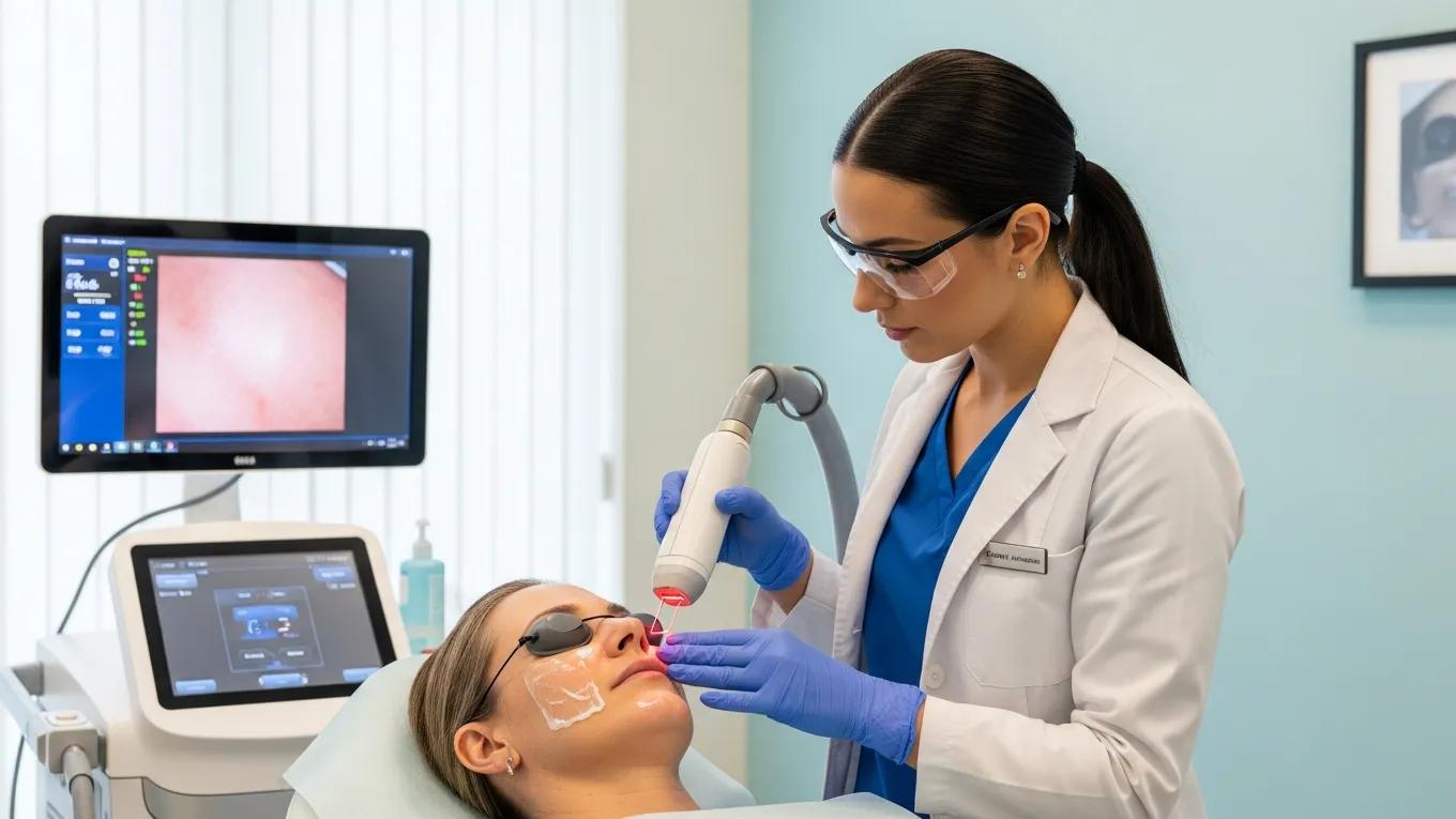 Dermatologist performing fractional laser therapy on a patient, demonstrating advanced skincare technology