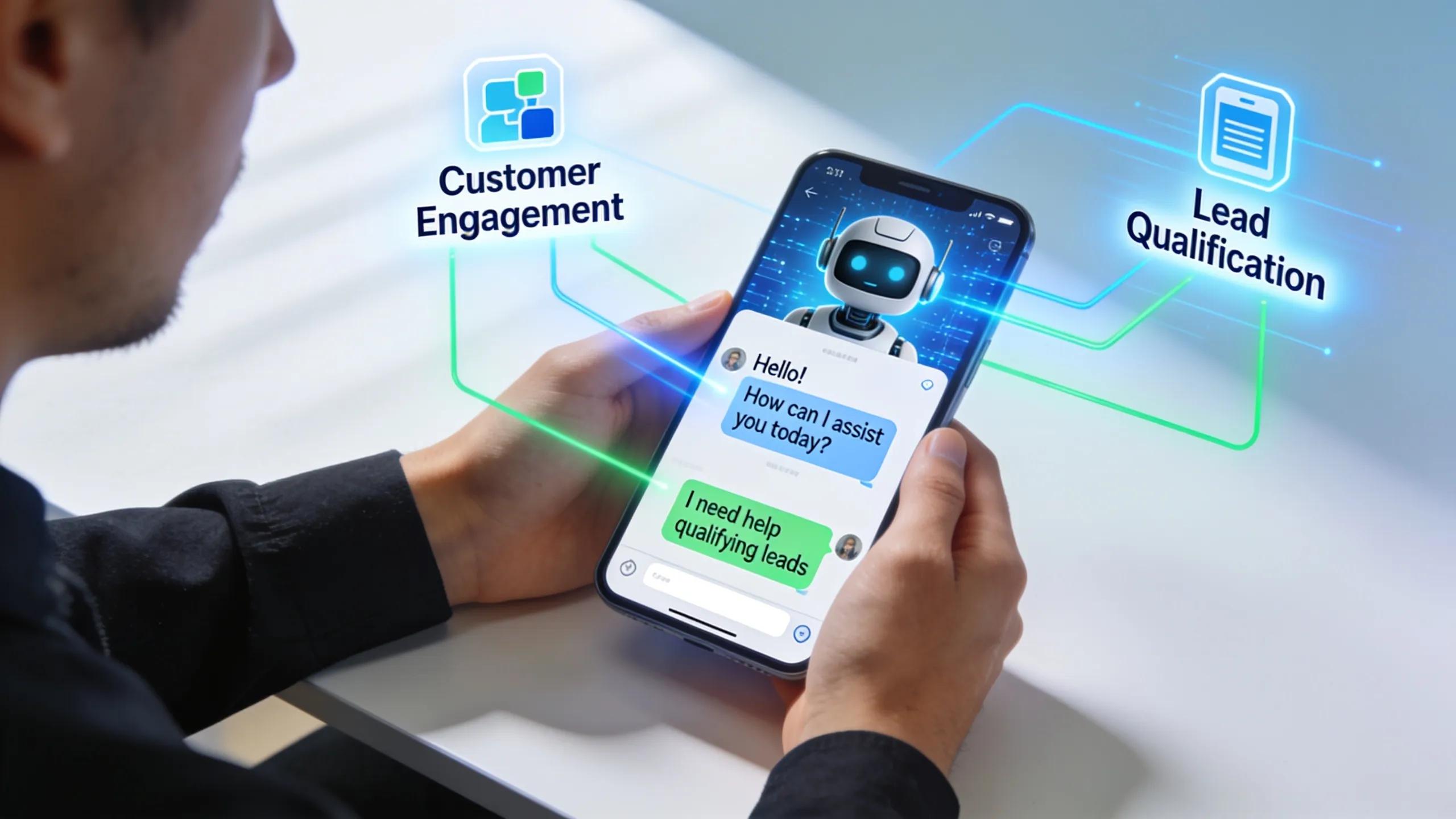 Man holding smartphone displaying conversational AI chatbot for customer engagement and lead qualification.