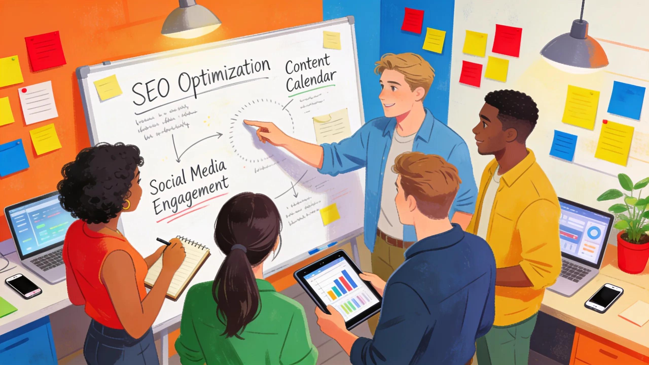 Digital marketing team brainstorming organic growth strategies around a whiteboard