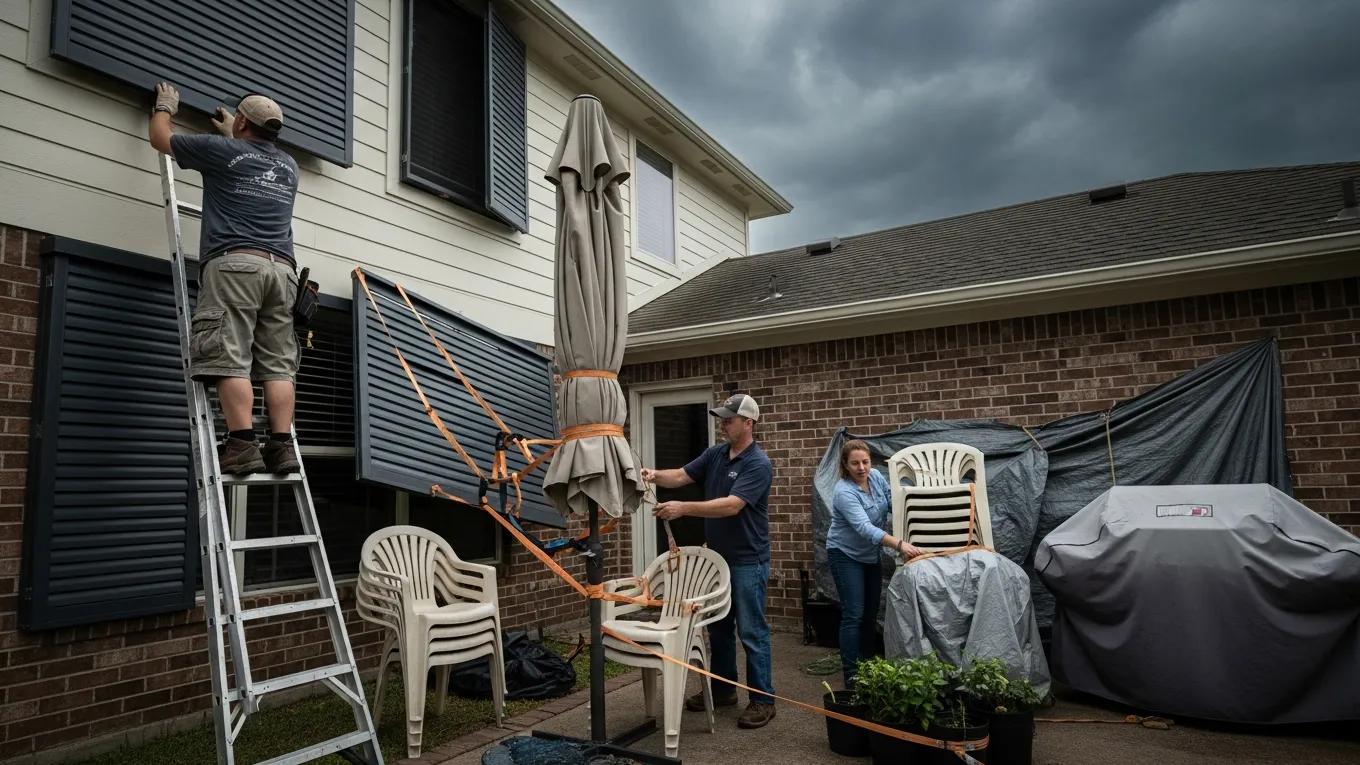 Hurricane shutters being installed, or a technician securing outdoor furniture — real prep work, not stock storm-chasing imagery