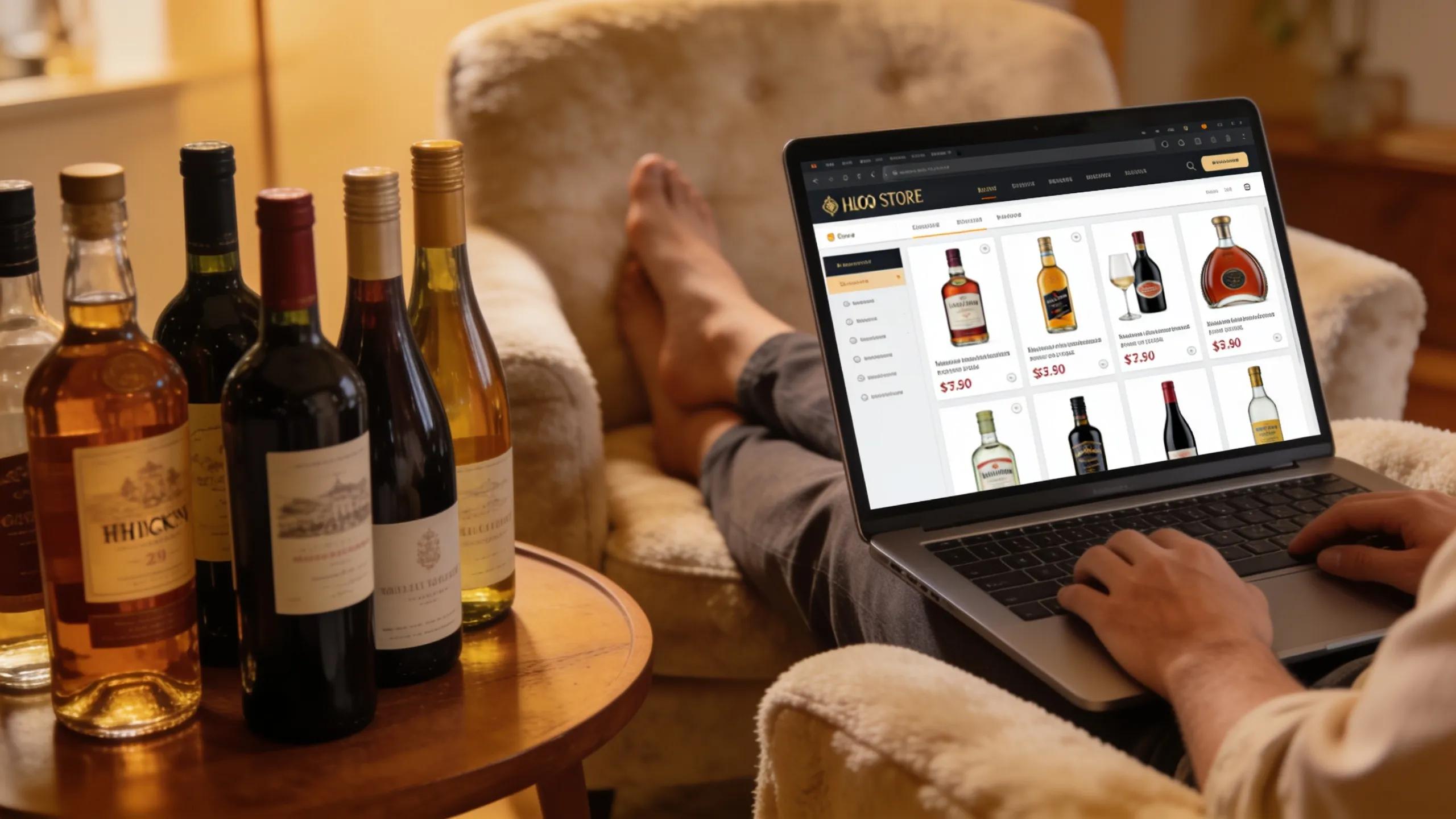 Person buying alcohol online in a cozy setting, highlighting safety and convenience in online purchases