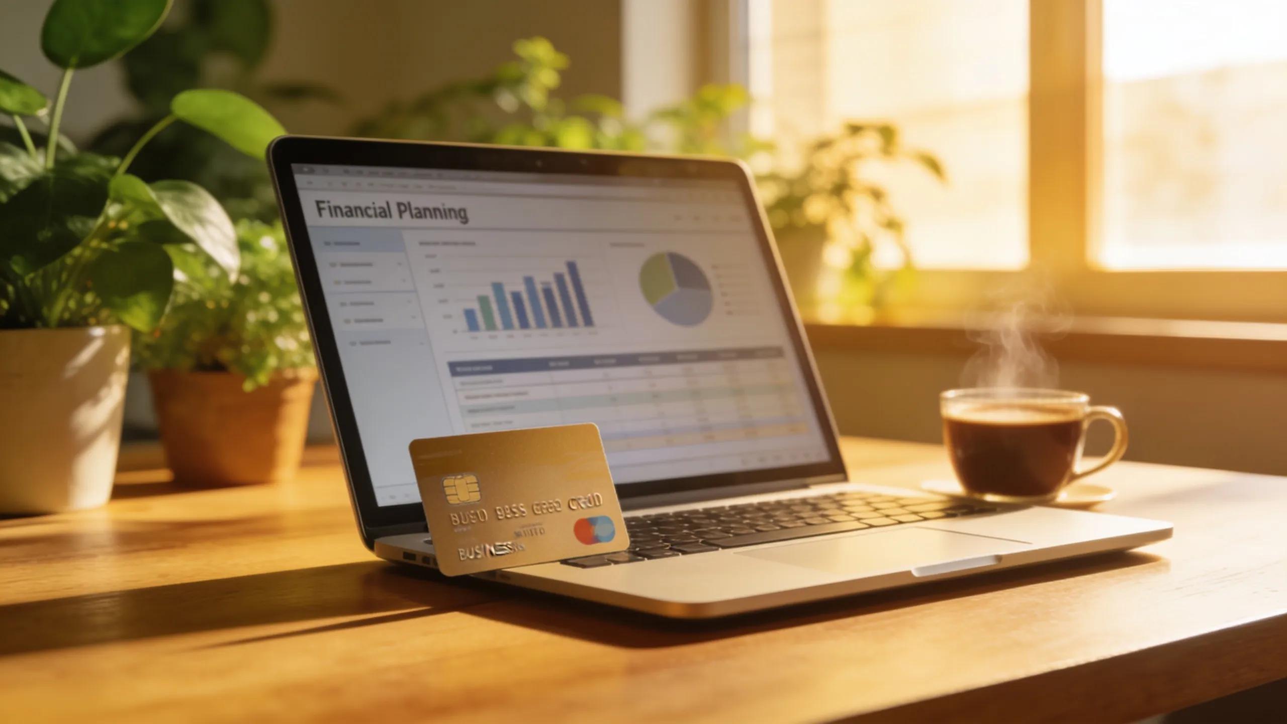 A warm workspace featuring a laptop and a small business credit card to represent startups and financial planning.