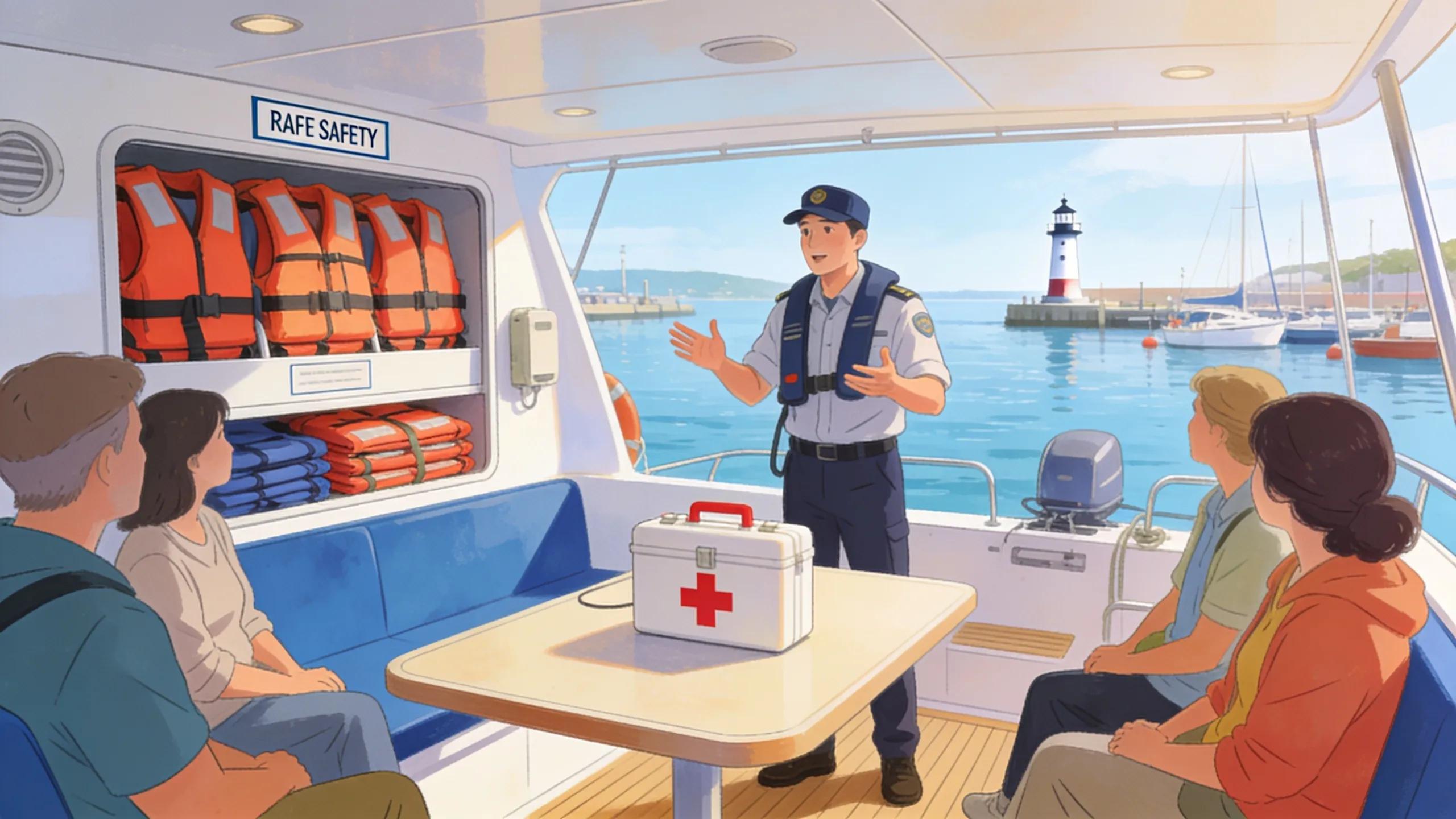 Guests receiving safety briefing and viewing safety equipment aboard a boat in New York Harbor