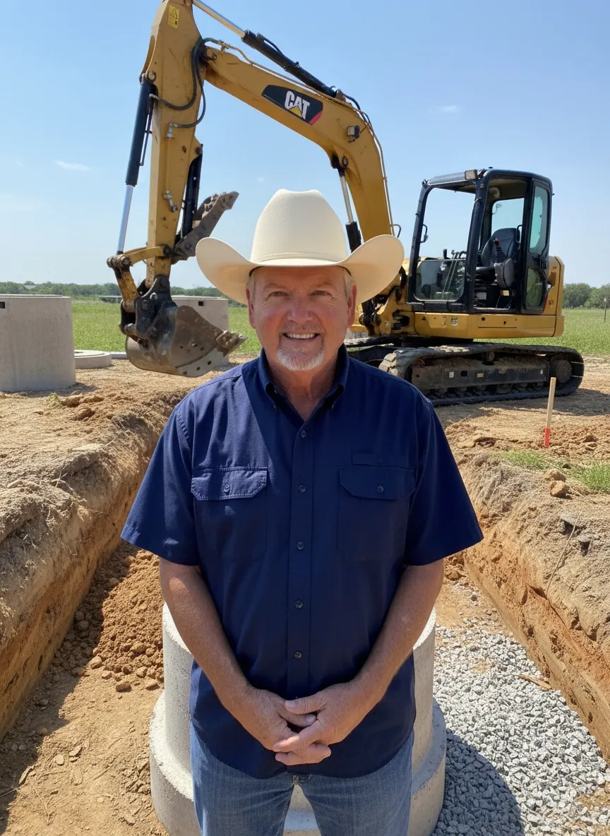 Professional evaluating site conditions for septic system installation in Texas